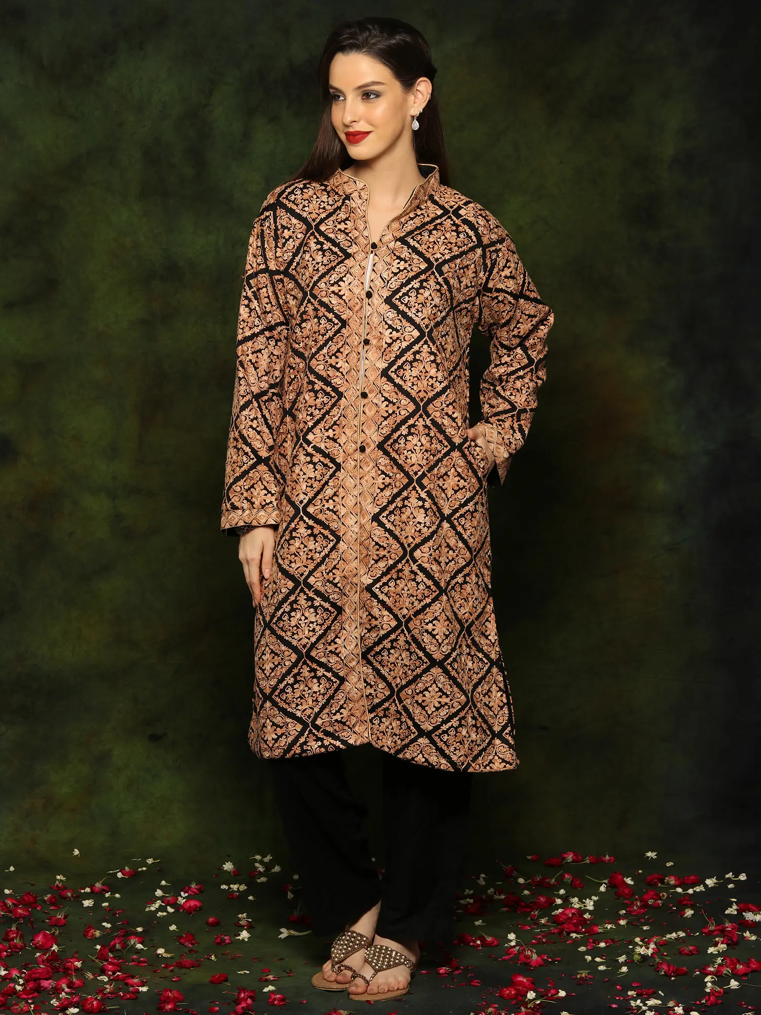 Black Woolen Long Jacket with Detailed Floral and Paisley Golden Aari Embroidery From Kashmir, alternate view