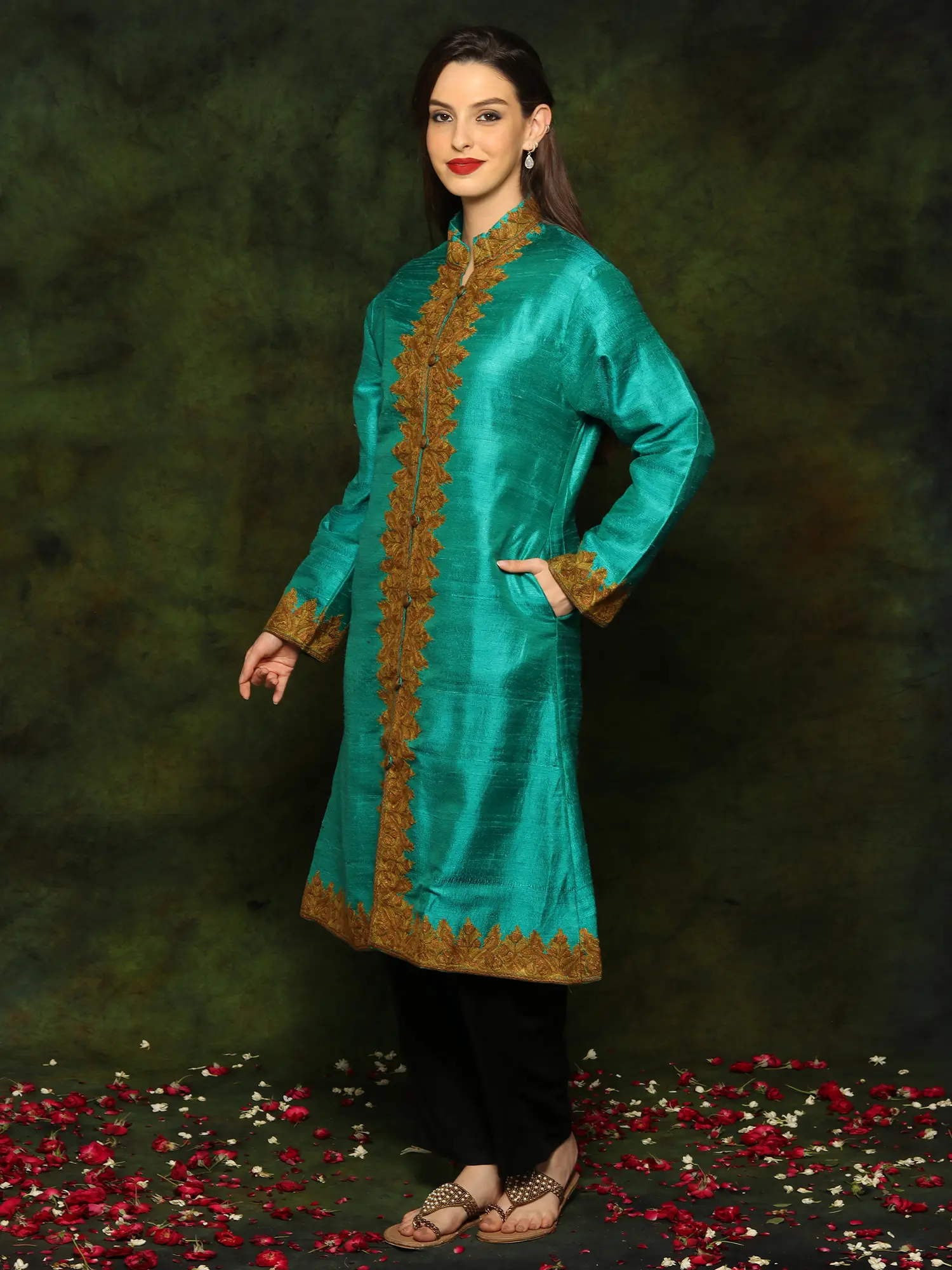 Turqoise Silk Long Jacket with Detailed Floral and Paisley Red Aari Embroidery From Kashmir, alternate view