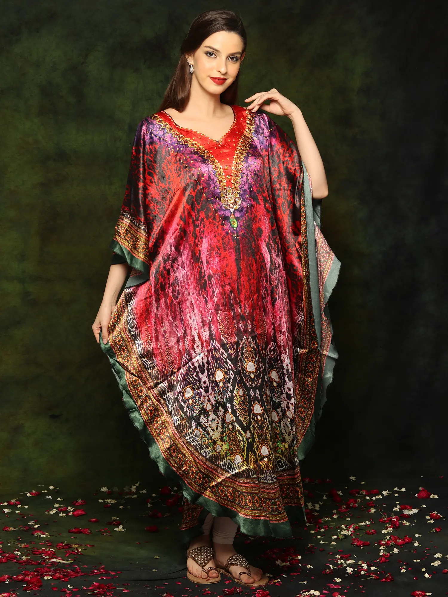 Multicolored Satin Kaftan with Mediterranian Print and Studded Stones