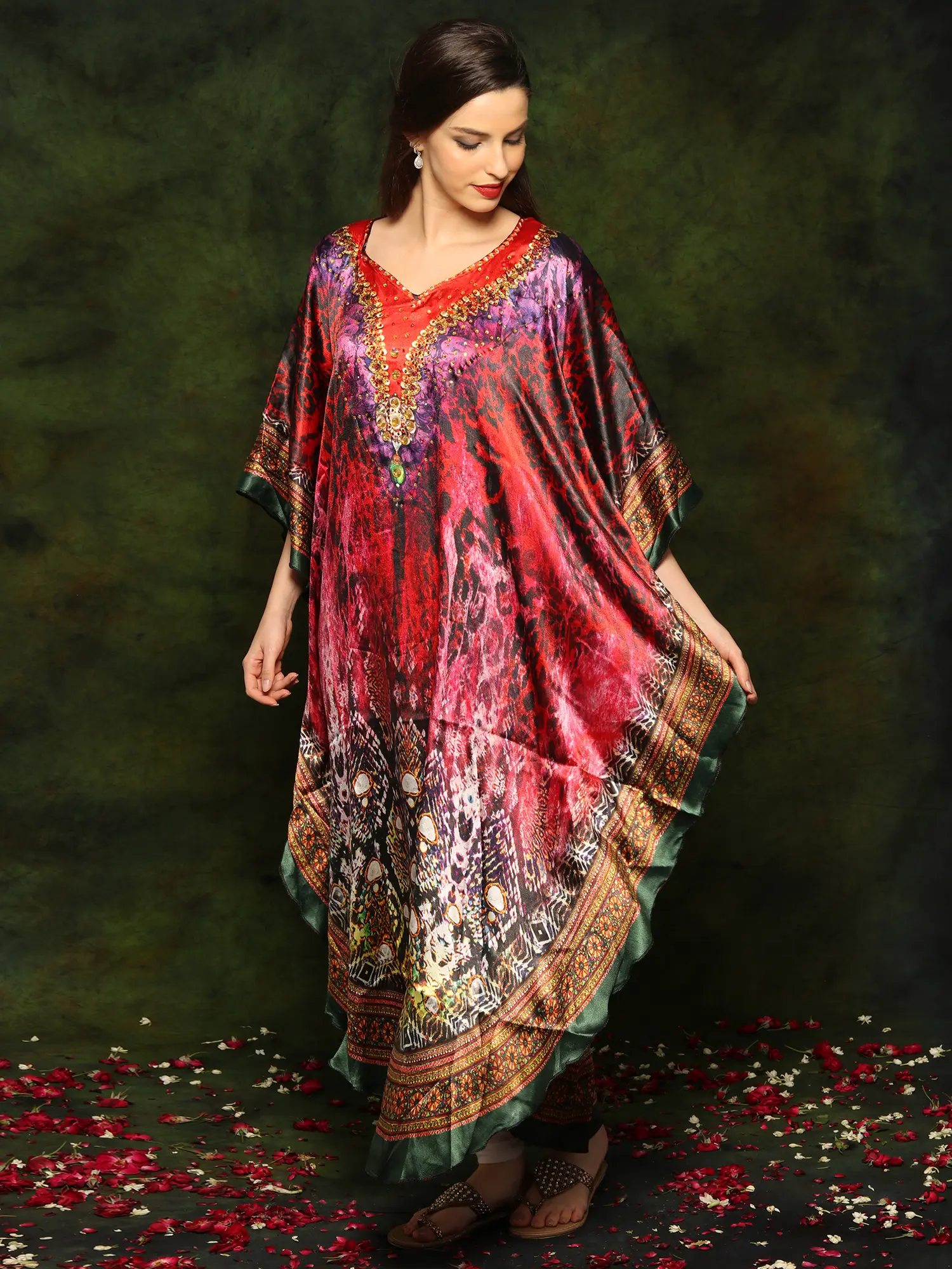 Multicolored Satin Kaftan with Mediterranian Print and Studded Stones, alternate view