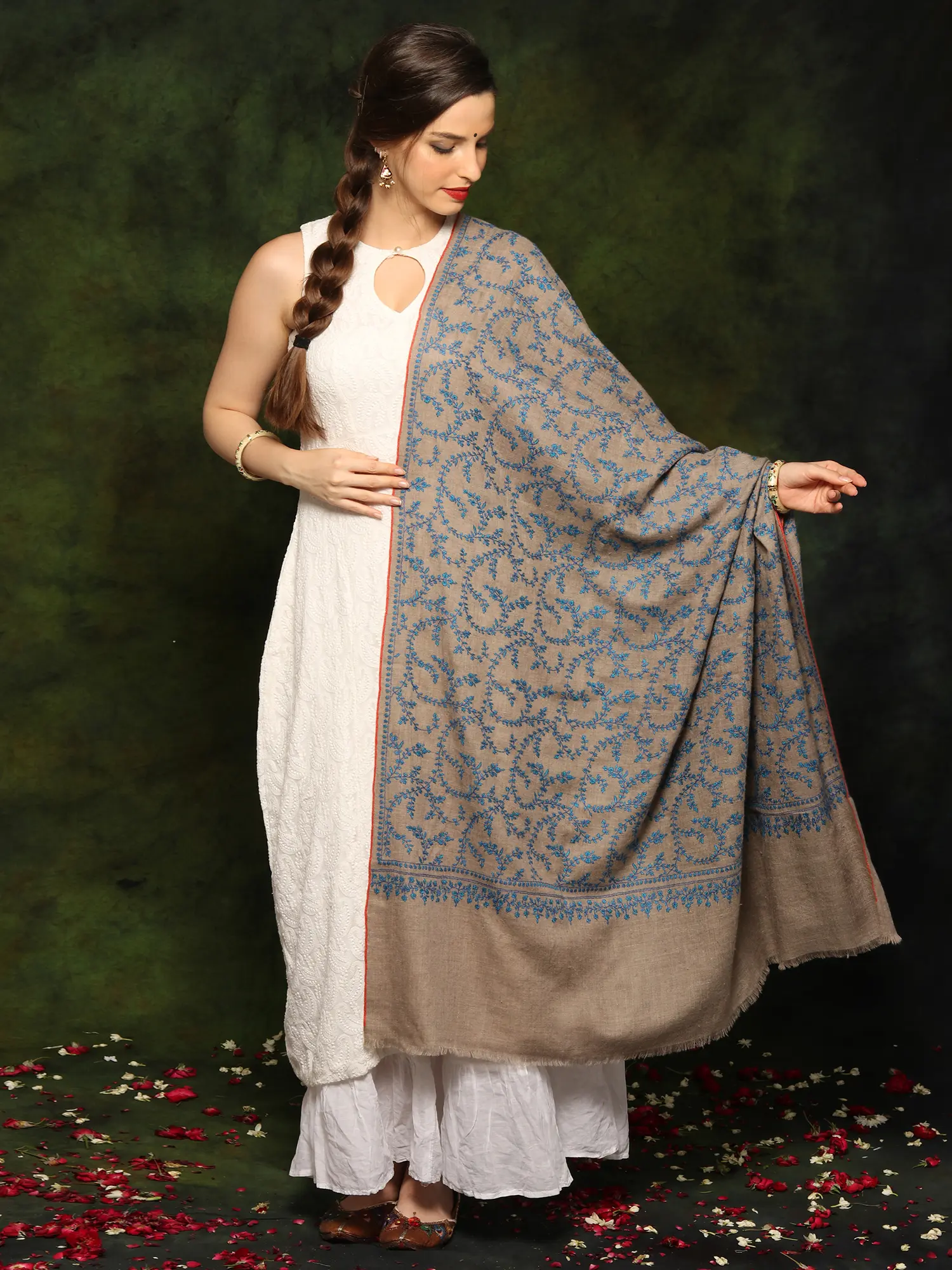 Pure Pashmina Sozni Embroidery Natural Color Shawl from Kashmir, alternate view