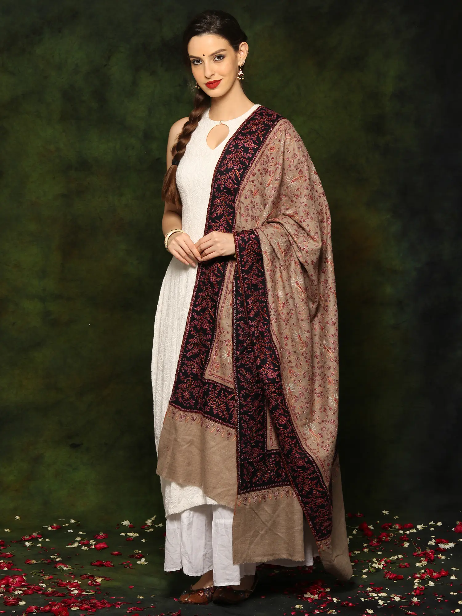 Pure Pashmina Sozni Embroidery Natural Color Shawl with Borders from Kashmir, alternate view