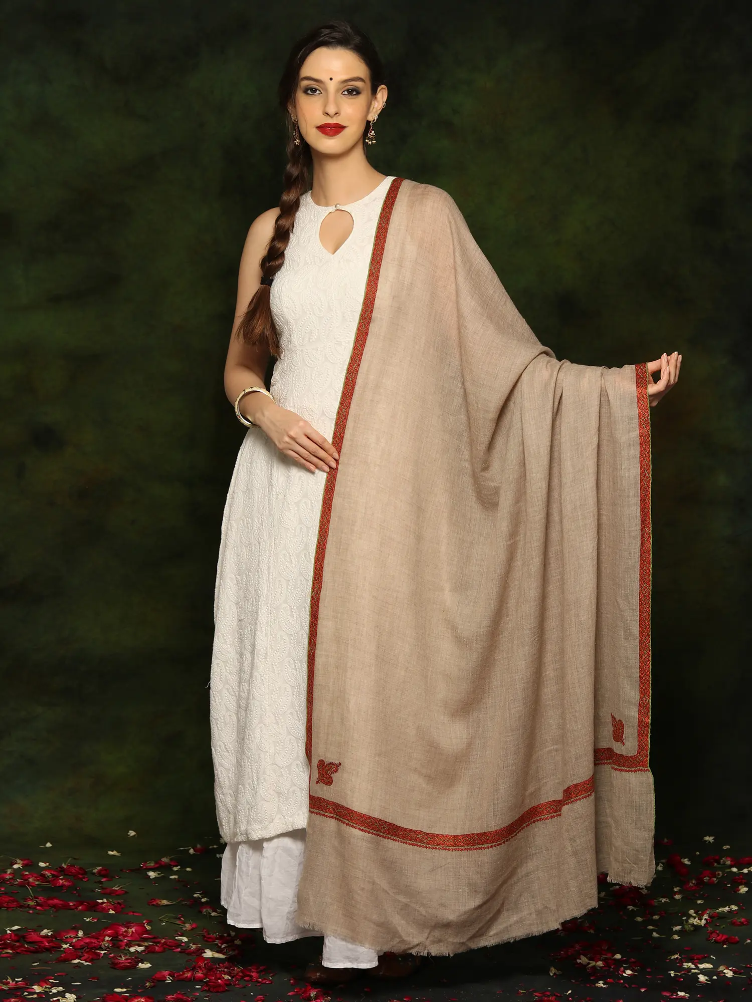 Pure Pashmina Natural Color Sozni Border Shawl from Kashmir