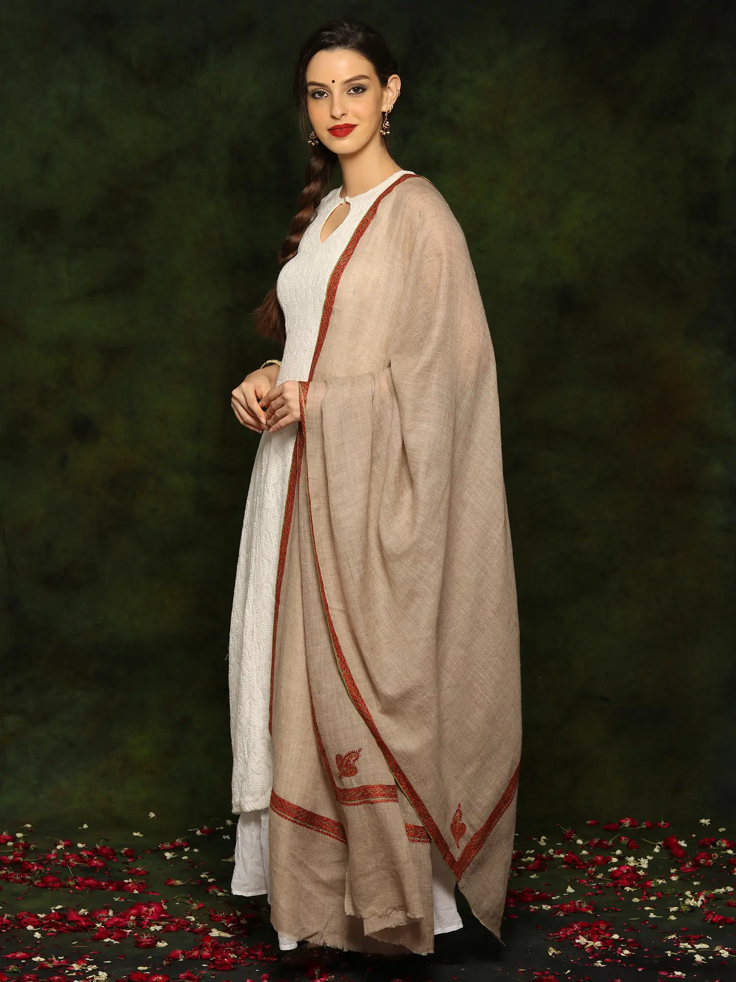 Pure Pashmina Natural Color Sozni Border Shawl from Kashmir, alternate view