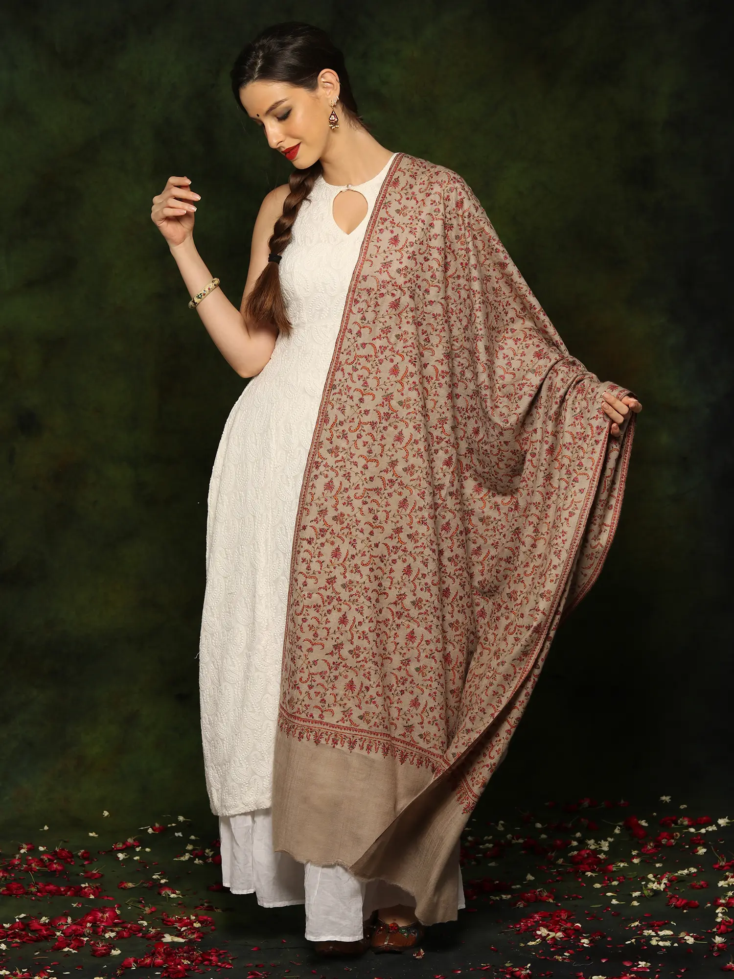 Pure Pashmina Natural Color Sozni All Over Shawl from Kashmir, alternate view