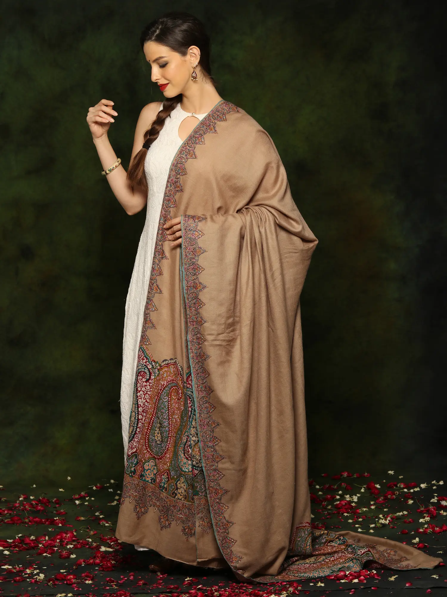 Pure Pashmina Sozni Embroidery Natural Color Palledar Shawl from Kashmir, alternate view