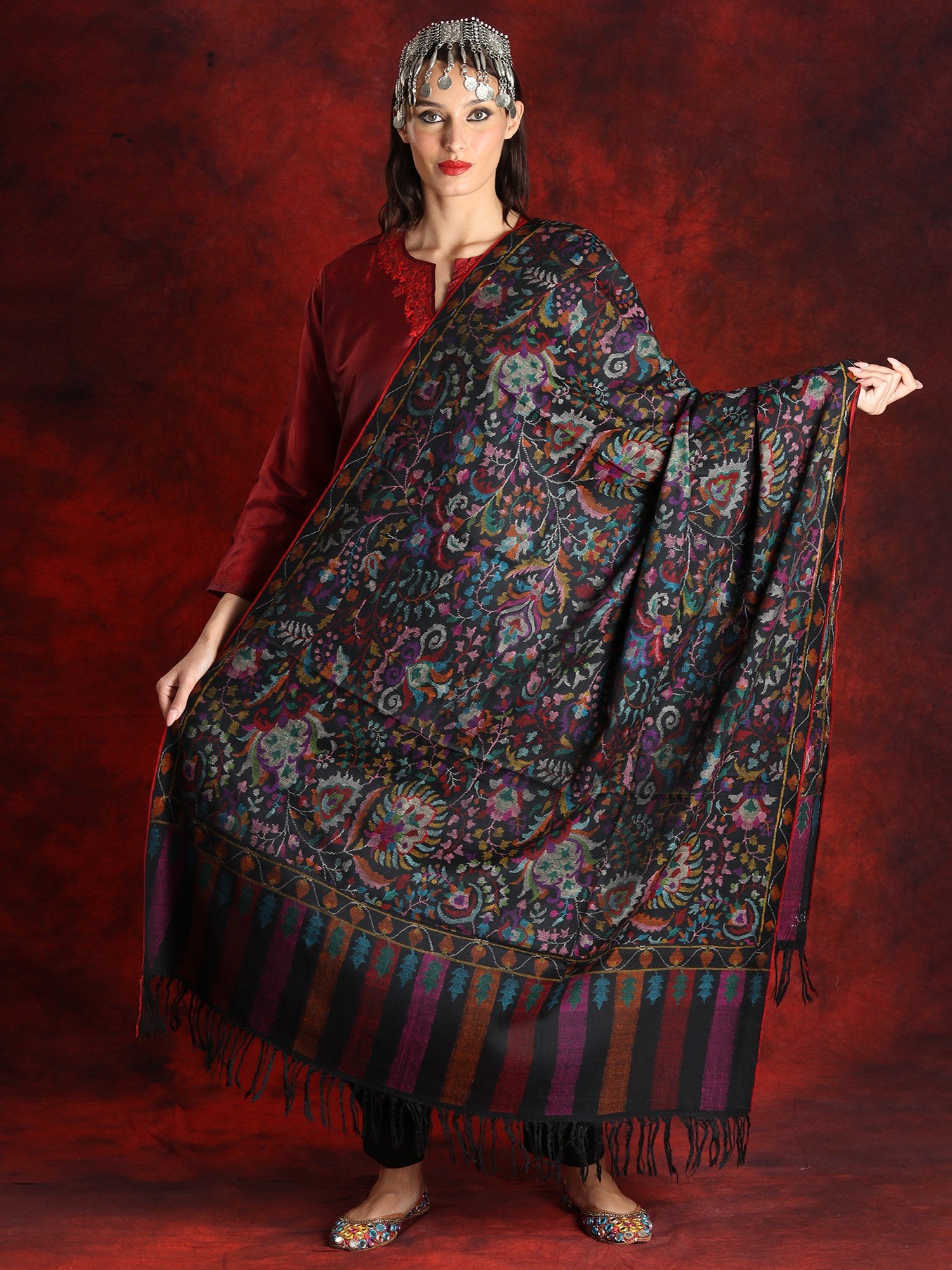 Pashmina Black Colored Kani Shawl | Exotic India Art