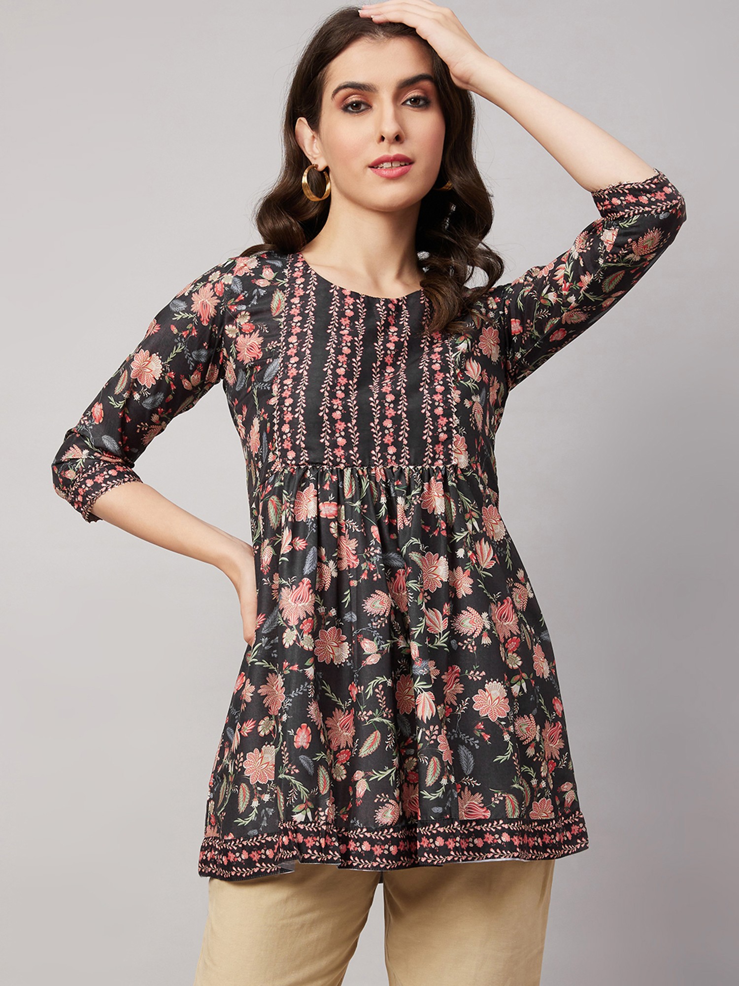 Chinon Floral Digital Printed Short Top | Exotic India Art