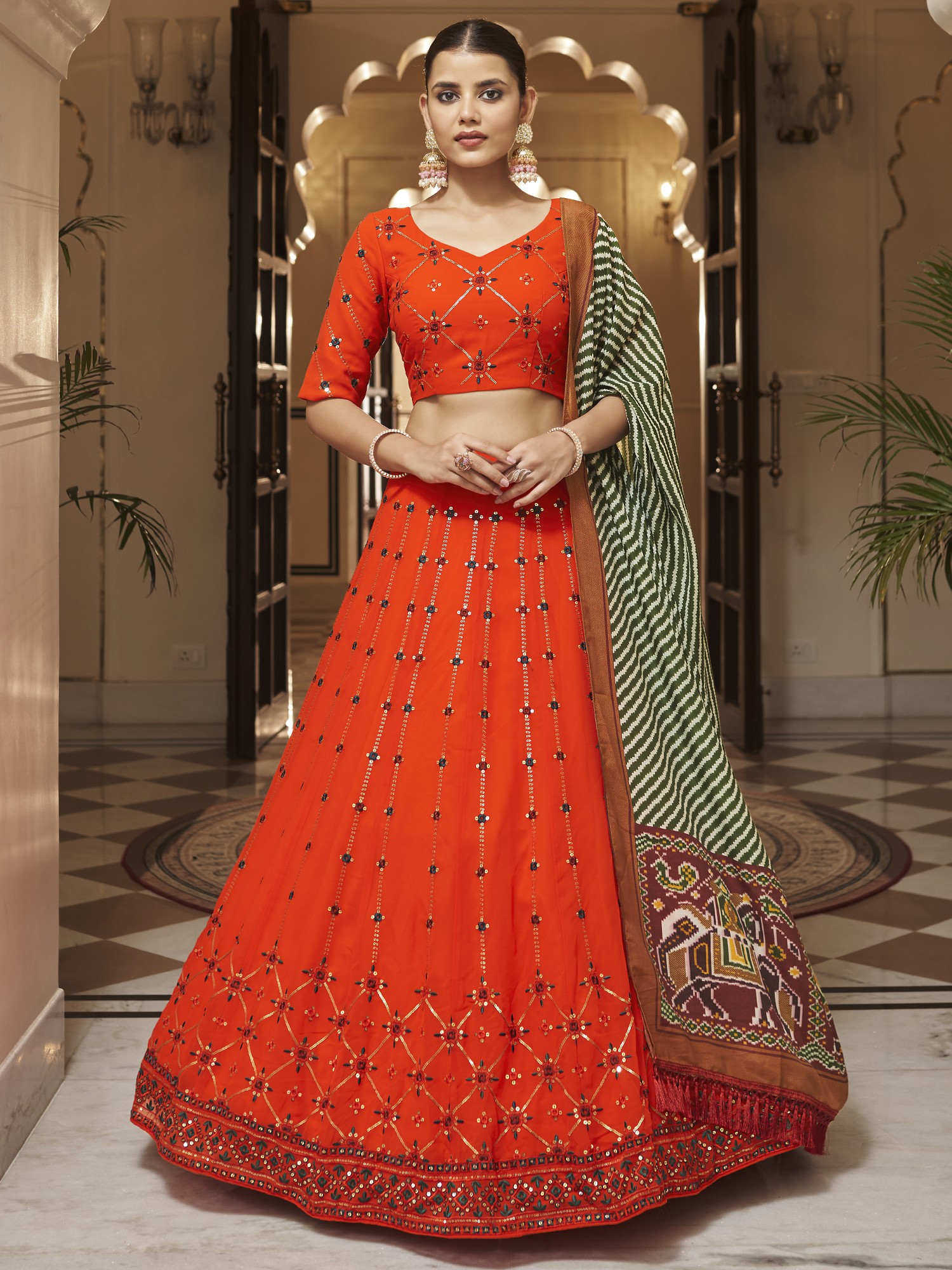 Red-Green Color Wedding Wear Silk Jari Thread Work Lehenga – fashionnaari