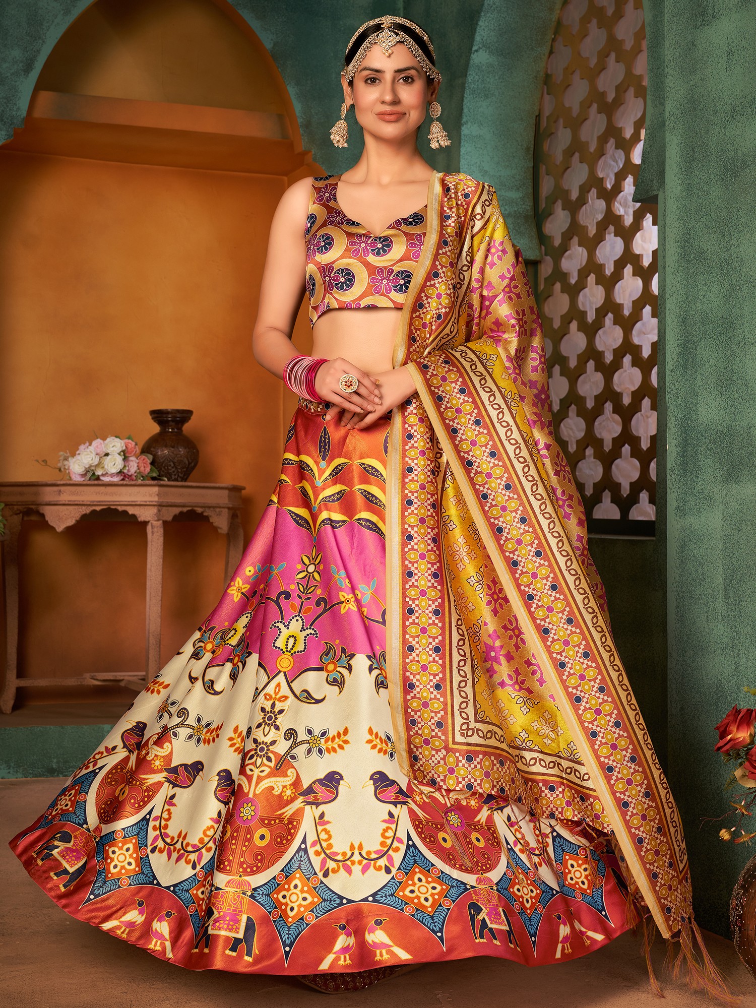 Art silk Printed Pink Wedding Lehenga Choli with Dupatta - LC4989