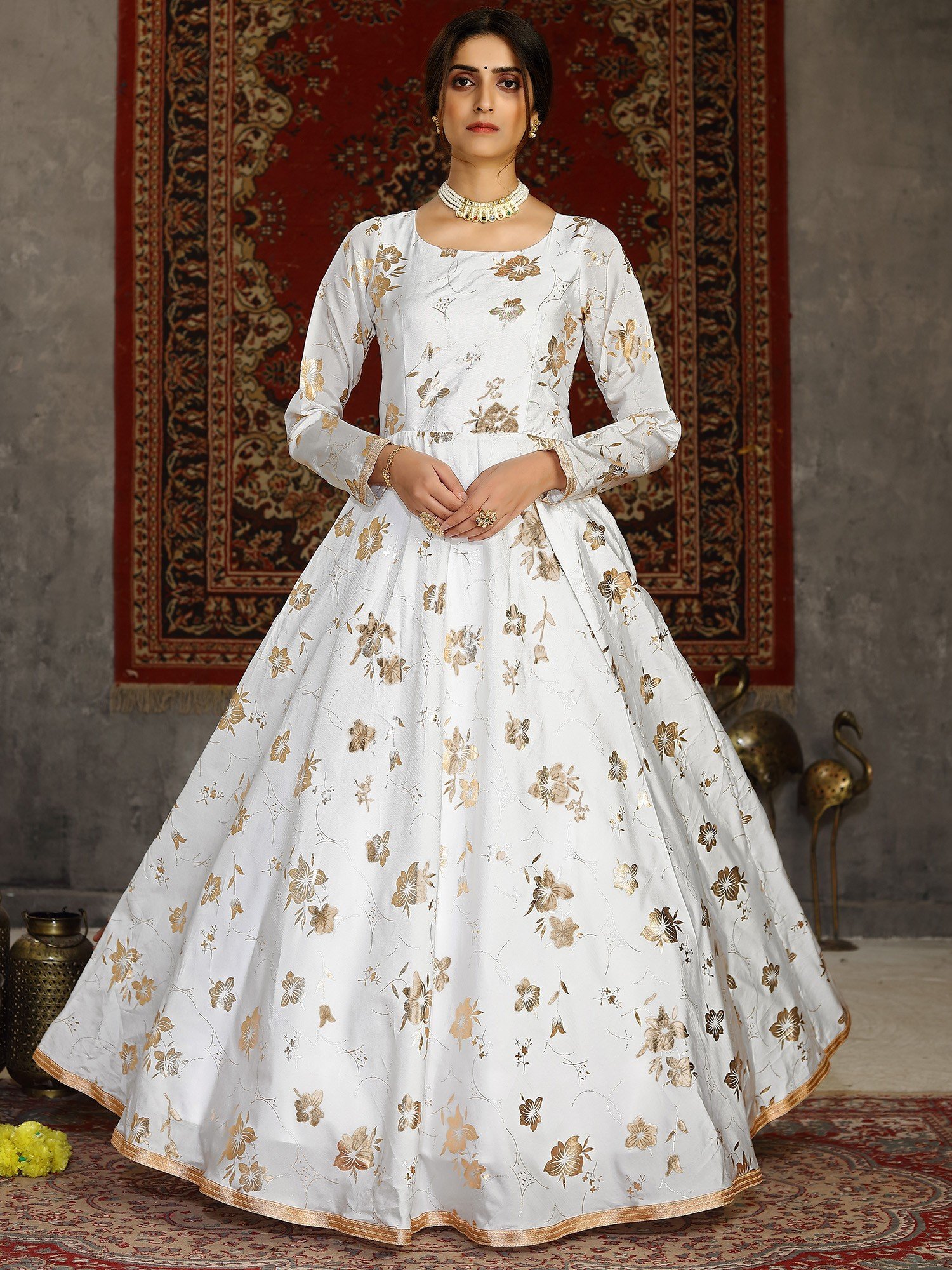 Net Thread Off white Diwali Anarkali Suit with Dupatta UK - AS3281
