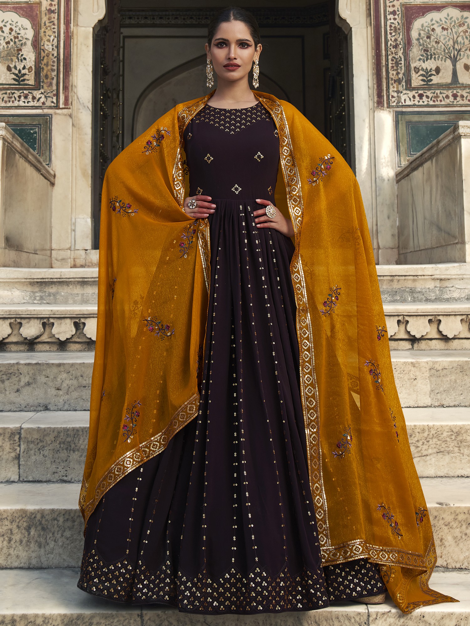 Gold draped Anarkali gown – Ricco India