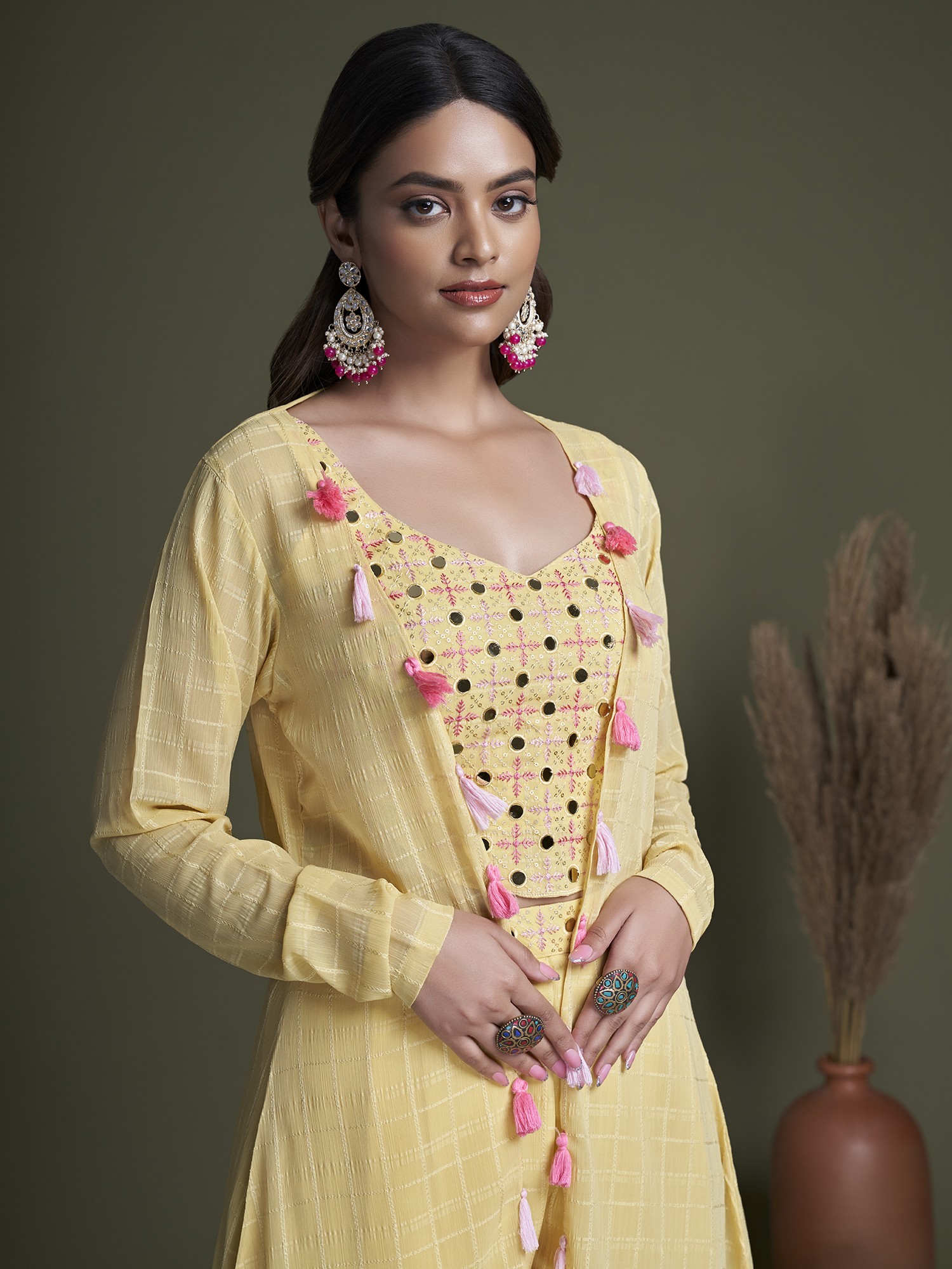 Yellow Embroidery Mirror Crop Top Palazzo Suit in Raw Silk with Choker  Dupatta and Side Pocket