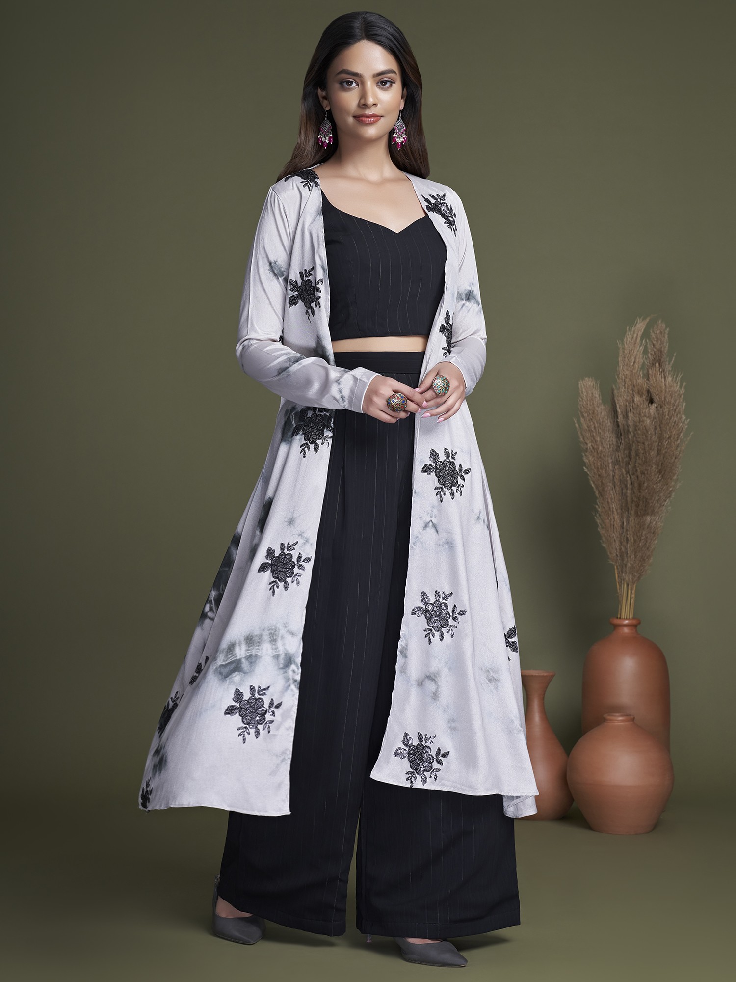 Rayon Fabric Black Color A-Line Style Kurta With Jacket in Embroidered &  Stripe Print Work