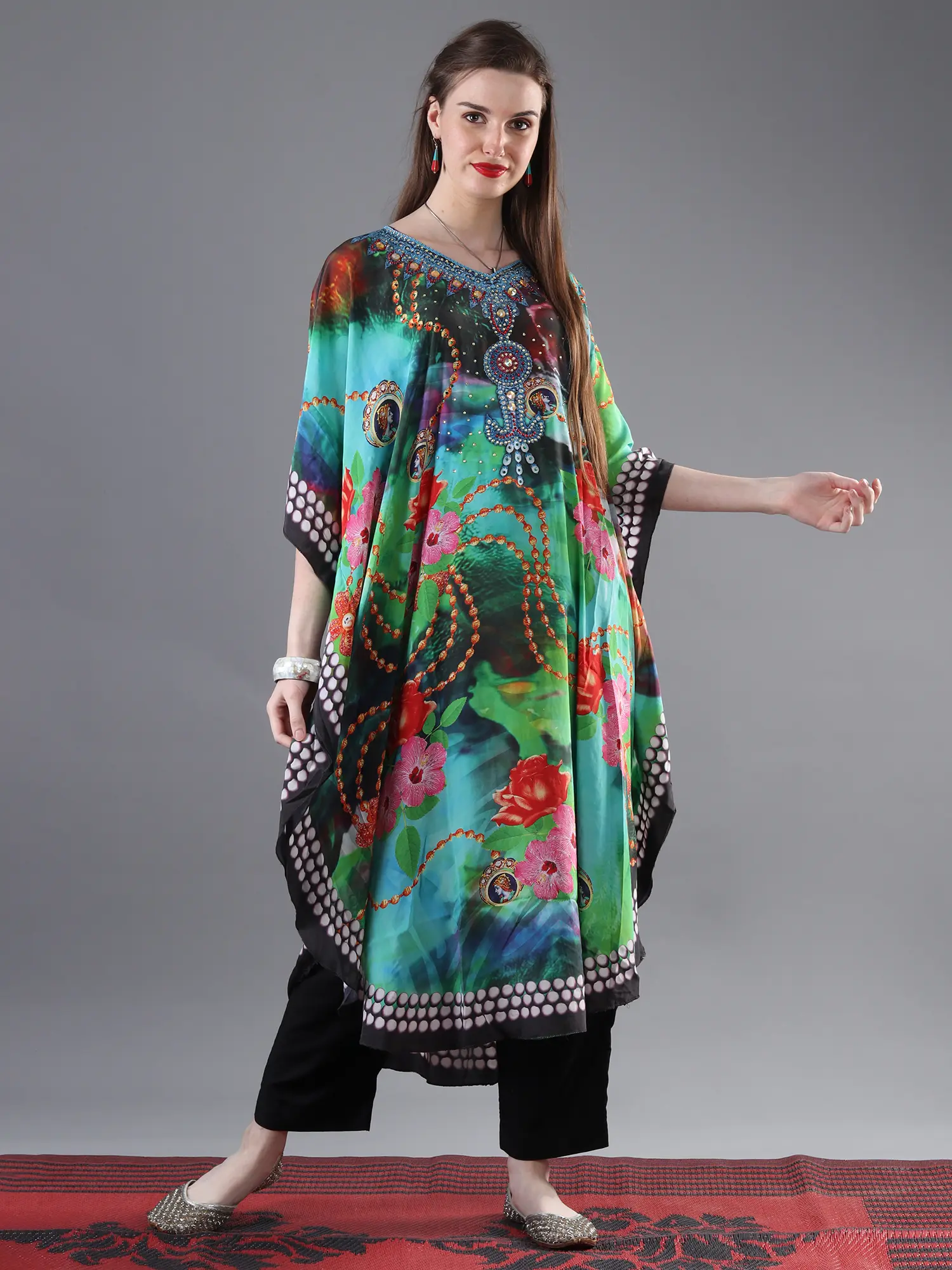 Mediterranian Print Chiffon Long Kaftan with Sequins on Neck