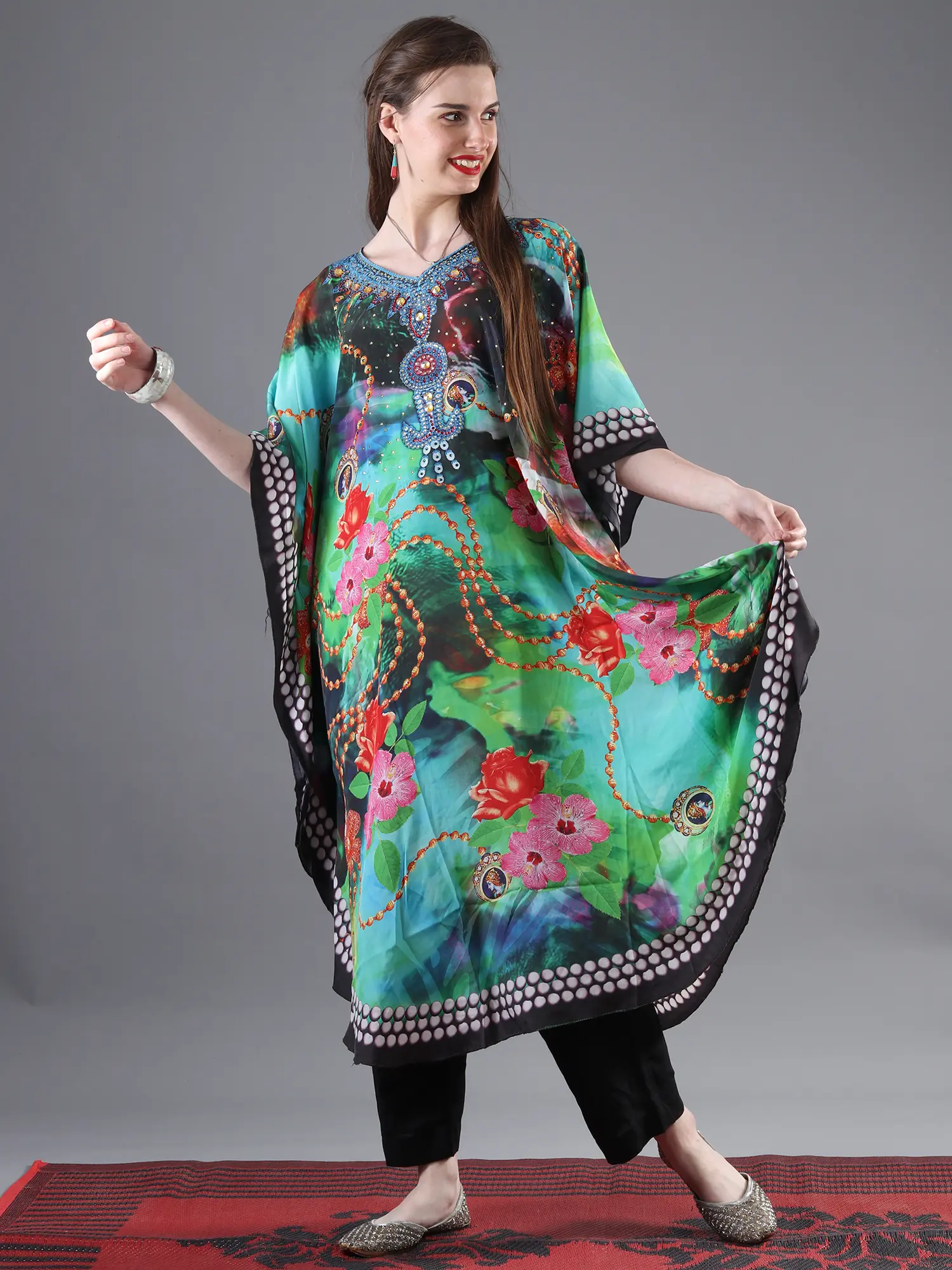 Mediterranian Print Chiffon Long Kaftan with Sequins on Neck, alternate view