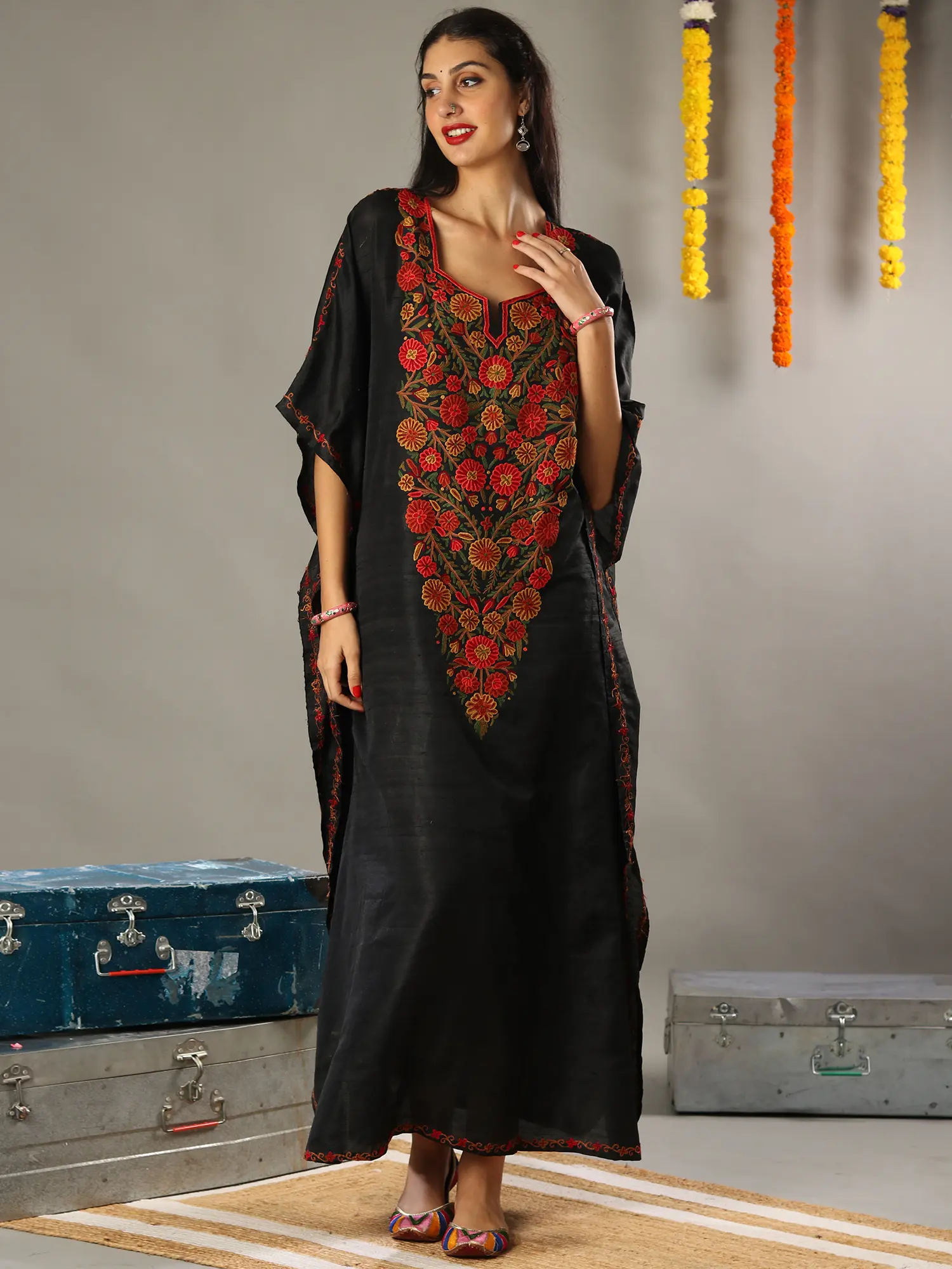 Charcoal Black Silk Kaftan with Multicolored Aari Embroidery from Kashmir, alternate view