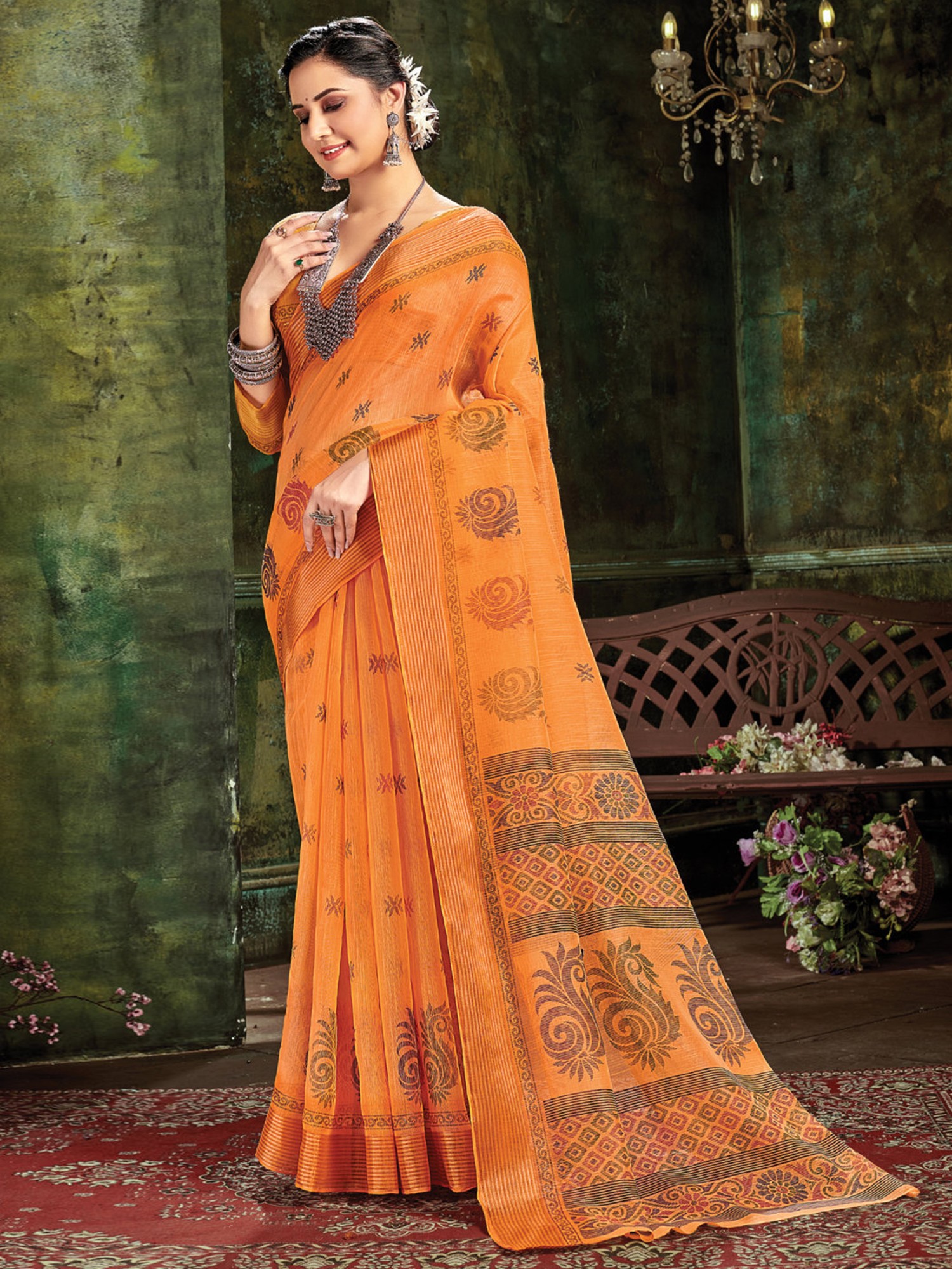 Marigold orange Coimbatore cotton saree with an argyle pattern, contrast  border & pallu with lots of intricate paisleys