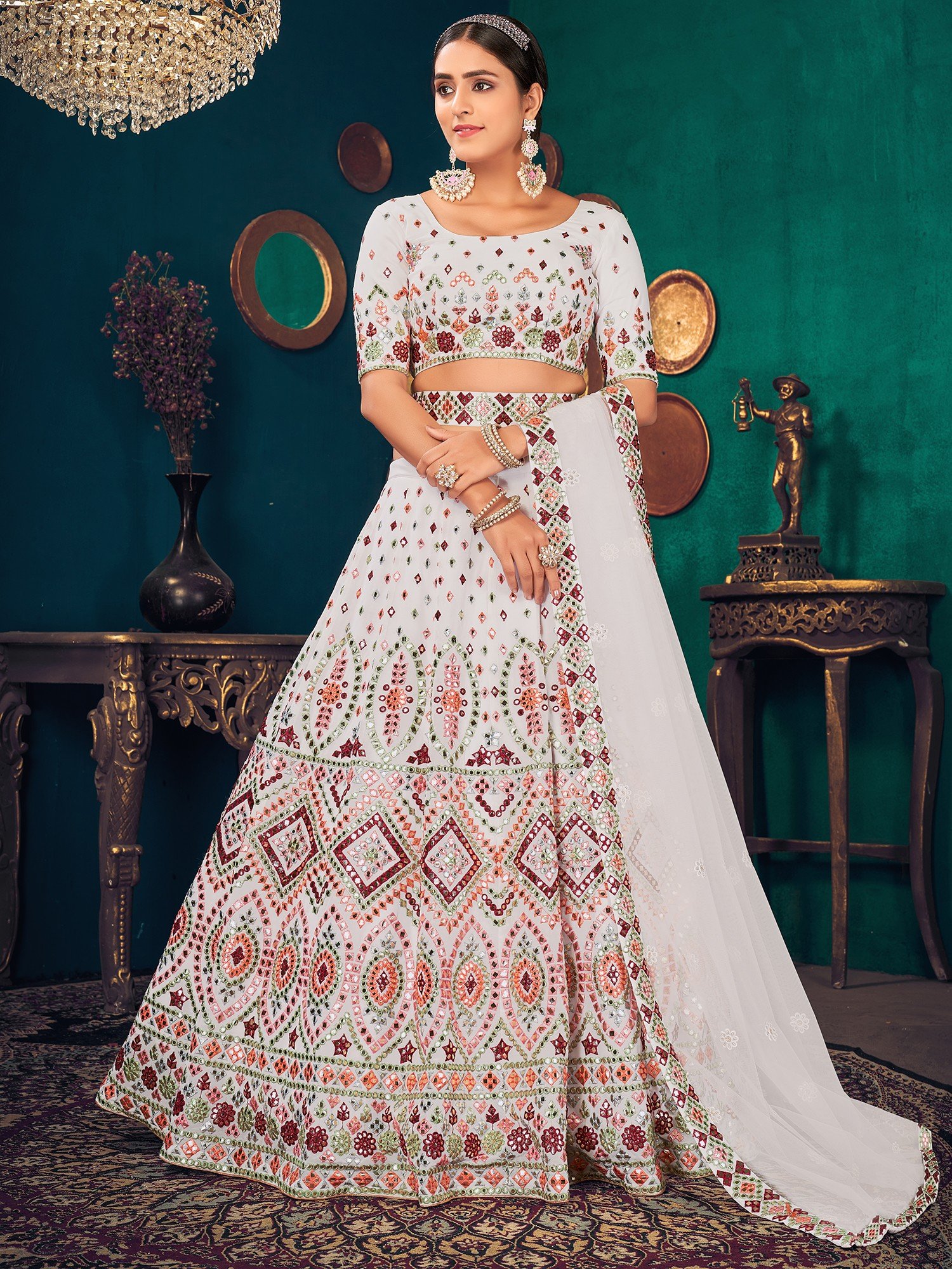 Silk Meena Work Belt Style Lehenga Choli and Floral Vine Pattern  Thread-Sequins Embroidery and Net Dupatta | Exotic India Art