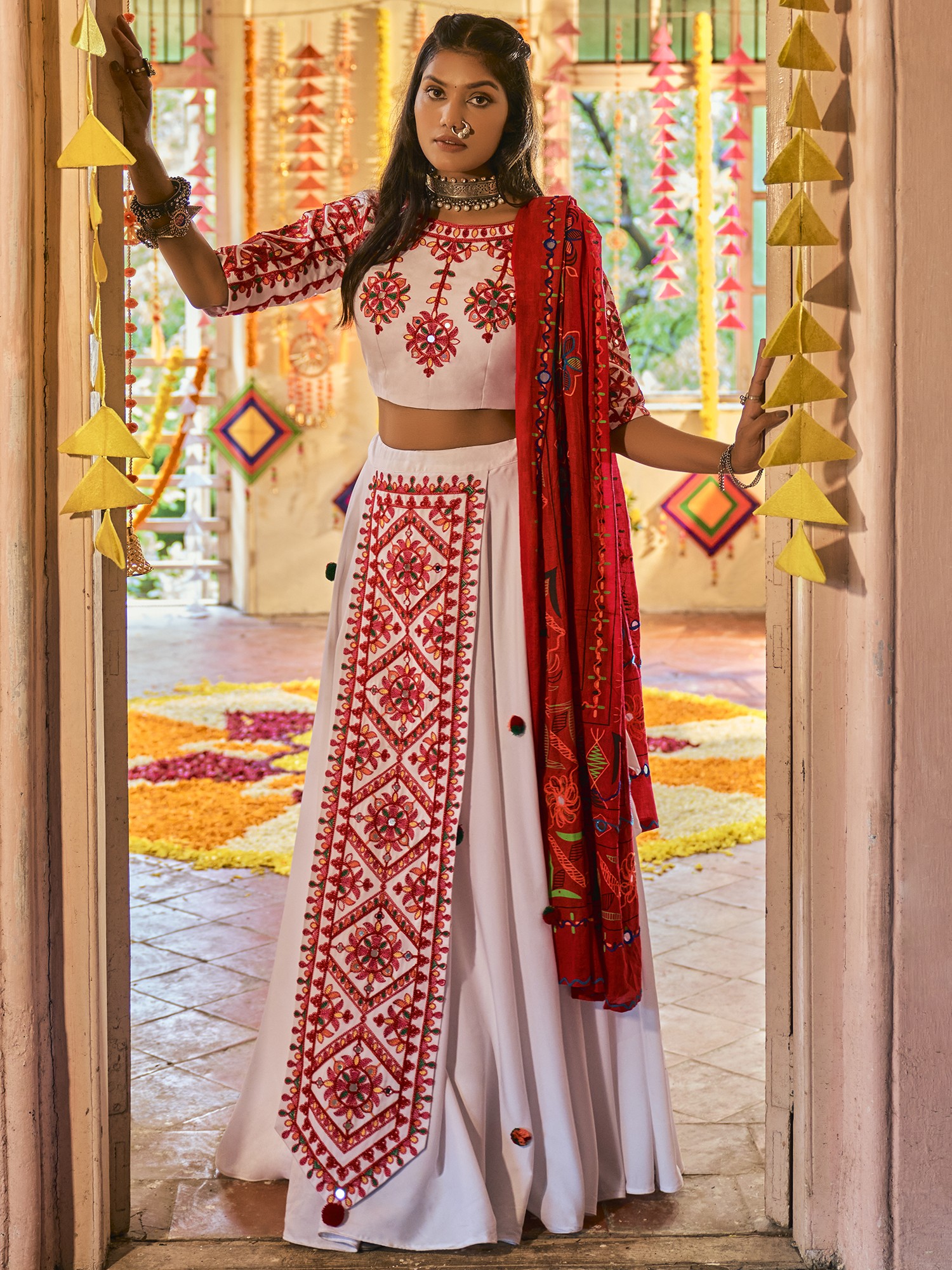 SHUBHKALA Beige & Maroon Silk Embellished Lehenga and Choli Set With Dupatta