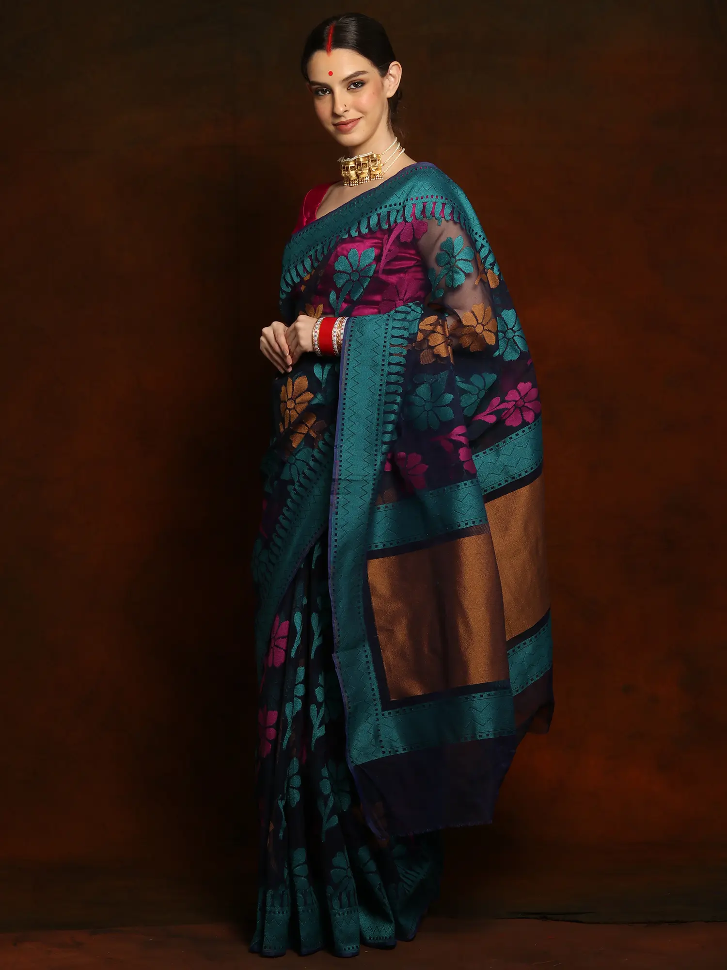 Teal Blue Synthetic Net Saree with Floral Motifs and Border, alternate view