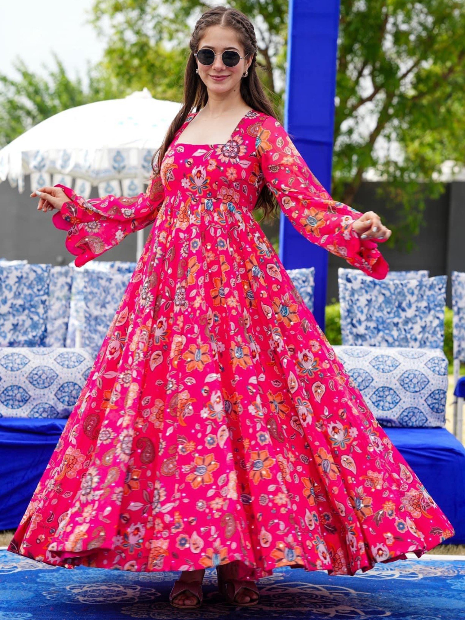Buy Festival Wear Pink Digital Printed Georgette Gown With Dupatta Online  From Surat Wholesale Shop.