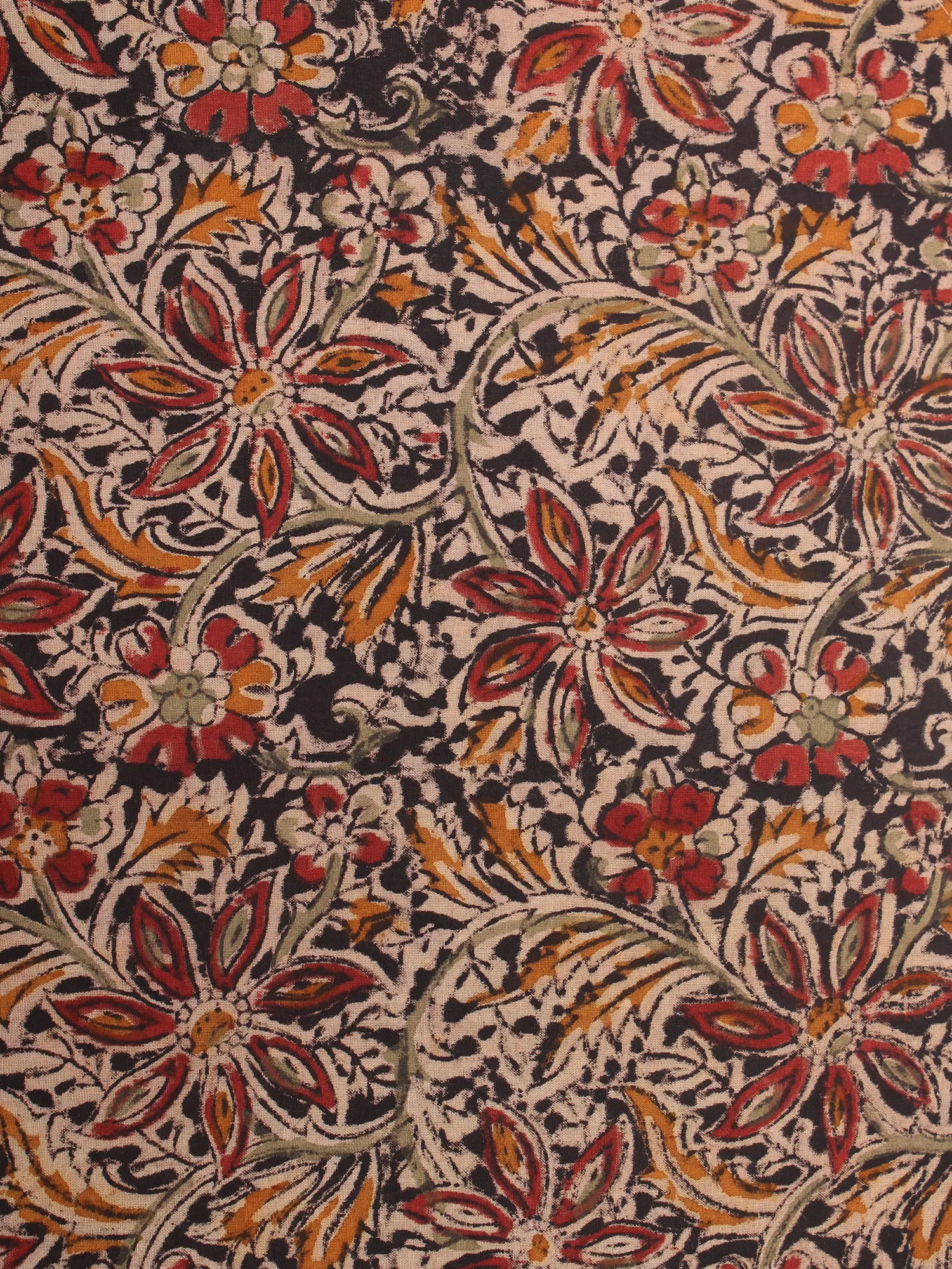 Charcoal-Black Pure Cotton Kalamkari Block Printed Fabric, alternate view