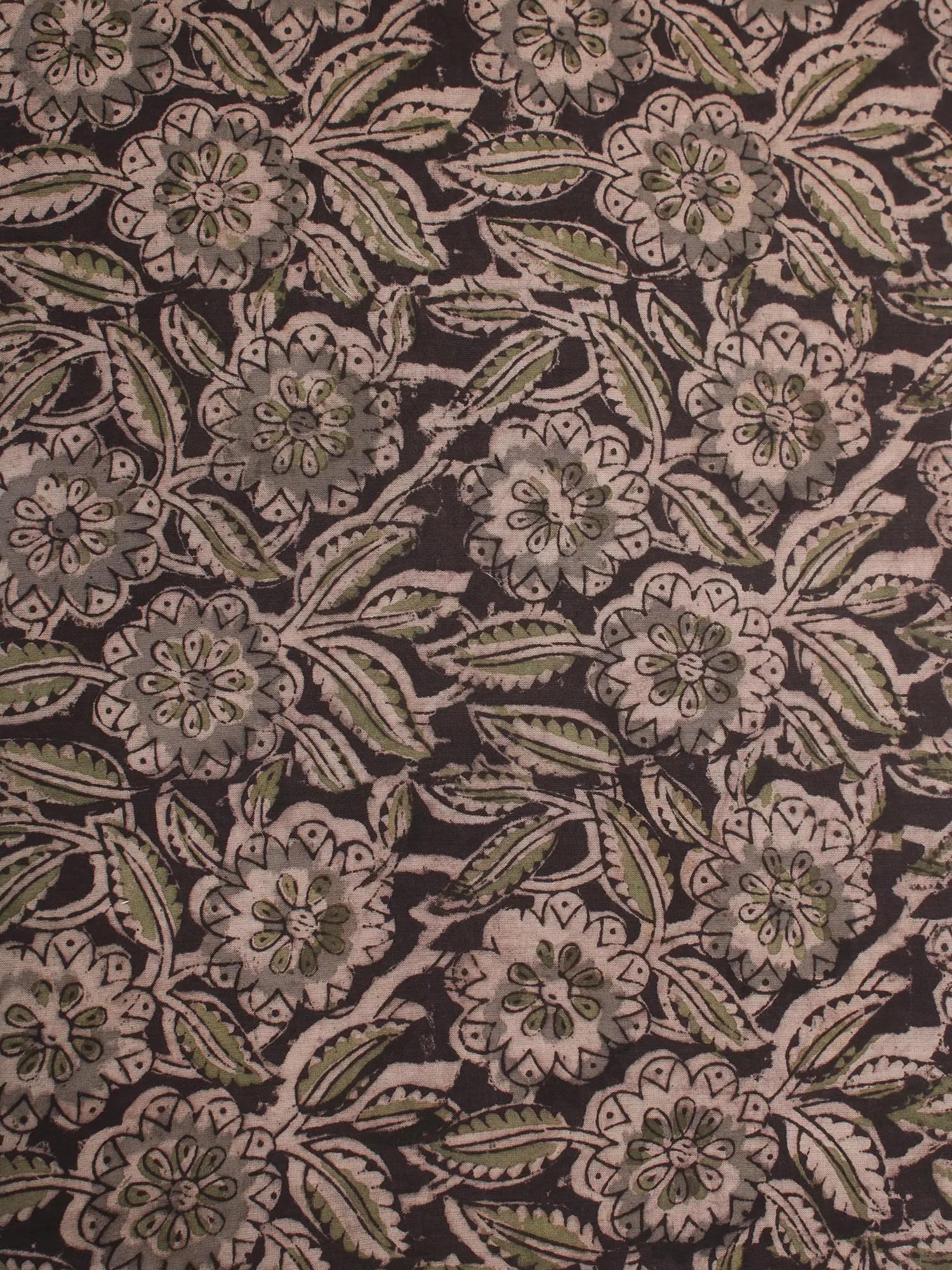 Dark-Charcoal Grey Pure Cotton Kalamkari Block Printed Fabric, alternate view