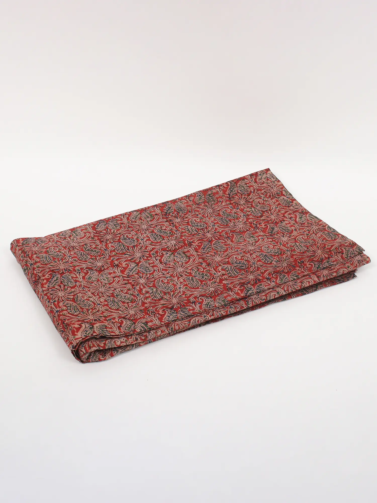 Tomato-Red Pure Cotton Kalamkari Block Printed Fabric