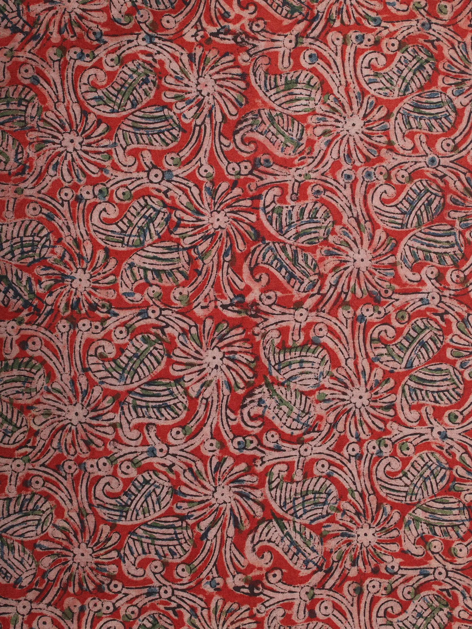 Tomato-Red Pure Cotton Kalamkari Block Printed Fabric, alternate view