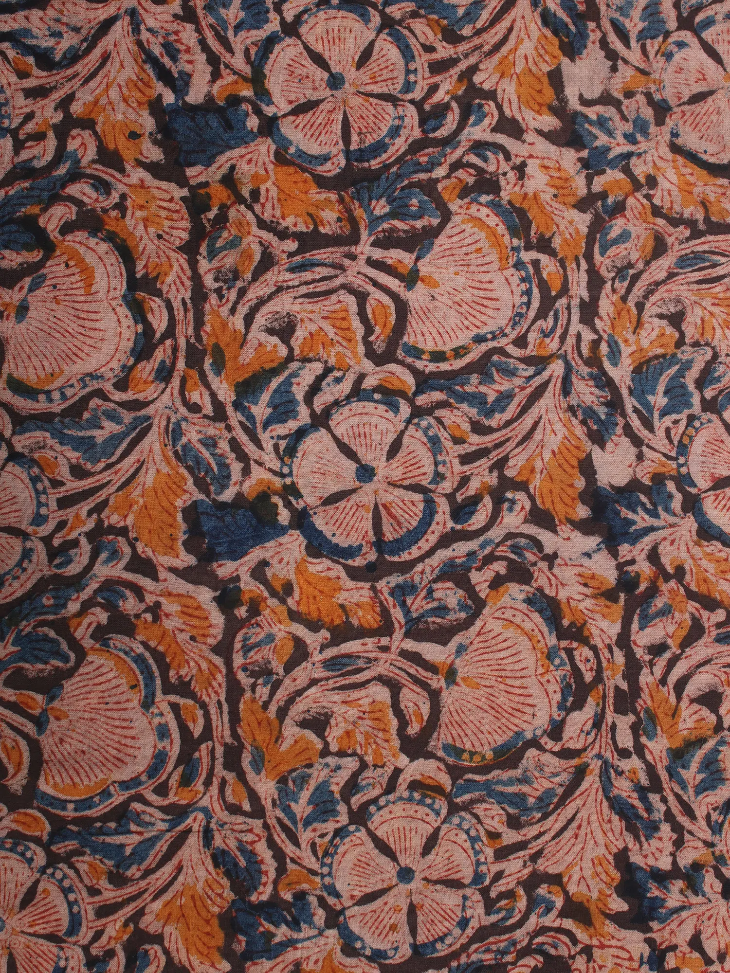 Deep Blue-Orange Pure Cotton Kalamkari Block Printed Fabric, alternate view