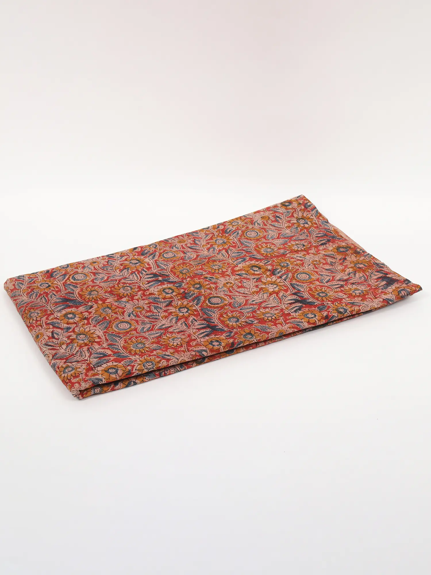 Bright-Red Pure Cotton Kalamkari Block Printed Fabric