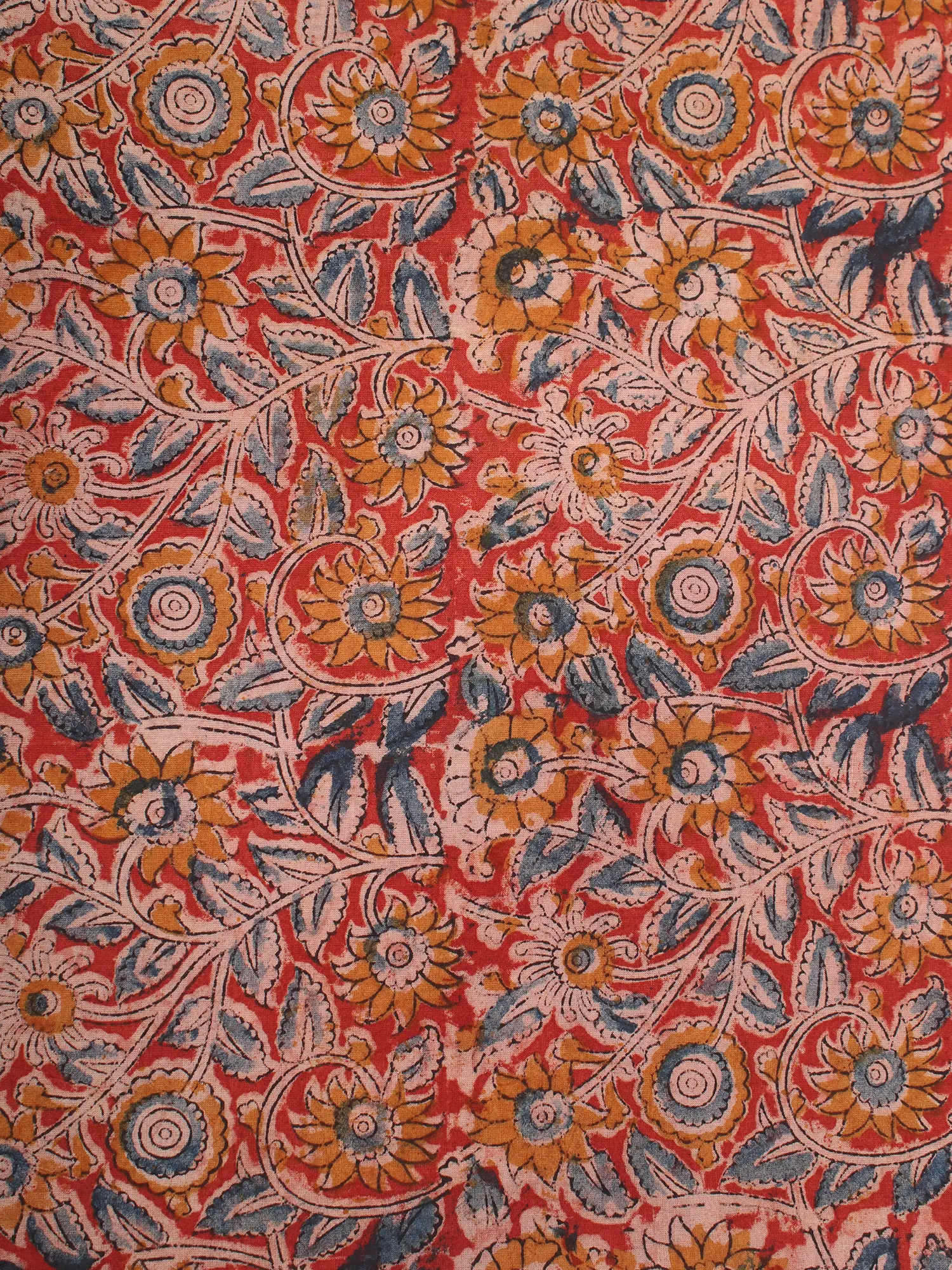 Bright-Red Pure Cotton Kalamkari Block Printed Fabric, alternate view