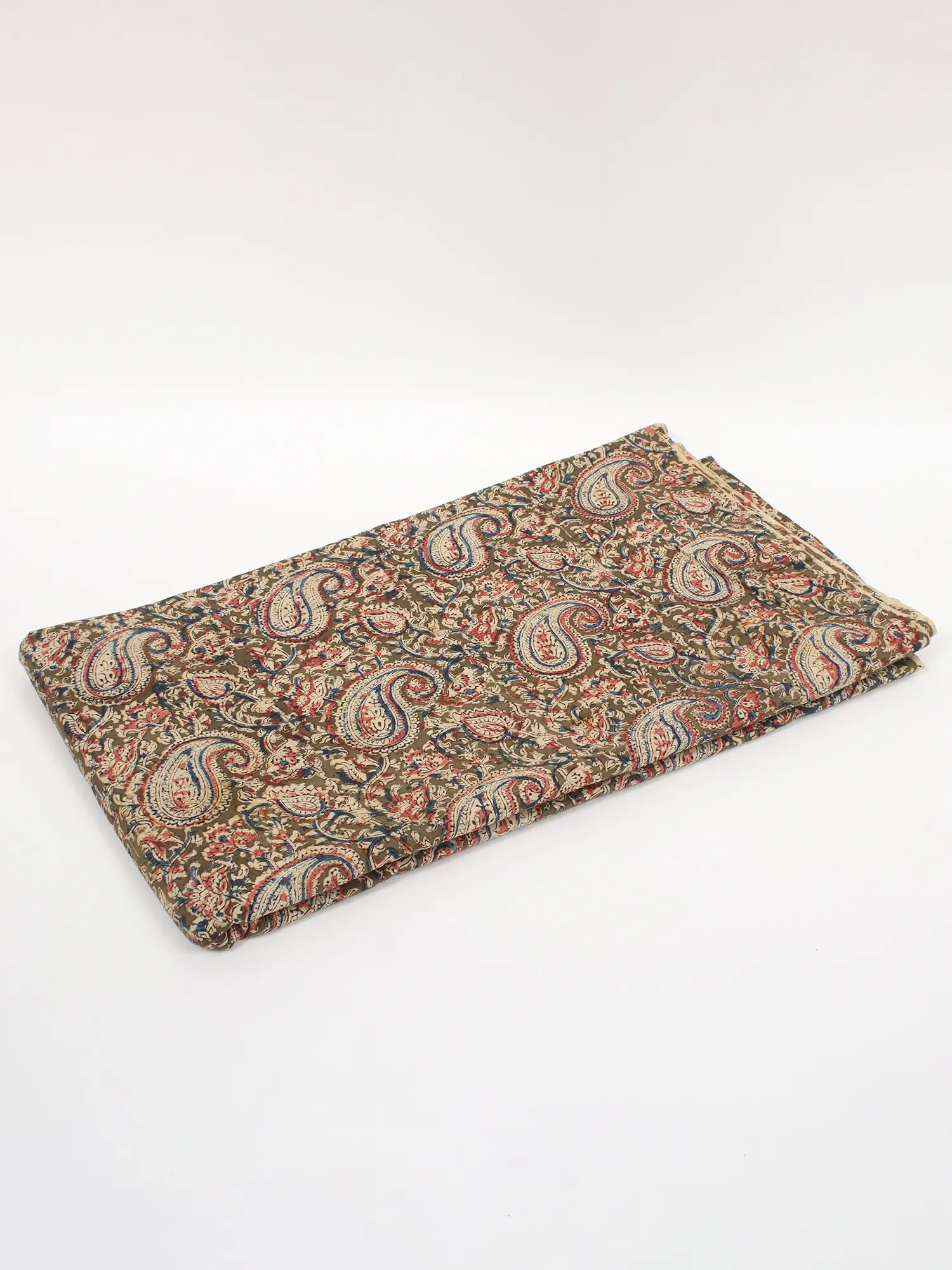 Olive-Green Pure Cotton Kalamkari Block Printed Fabric