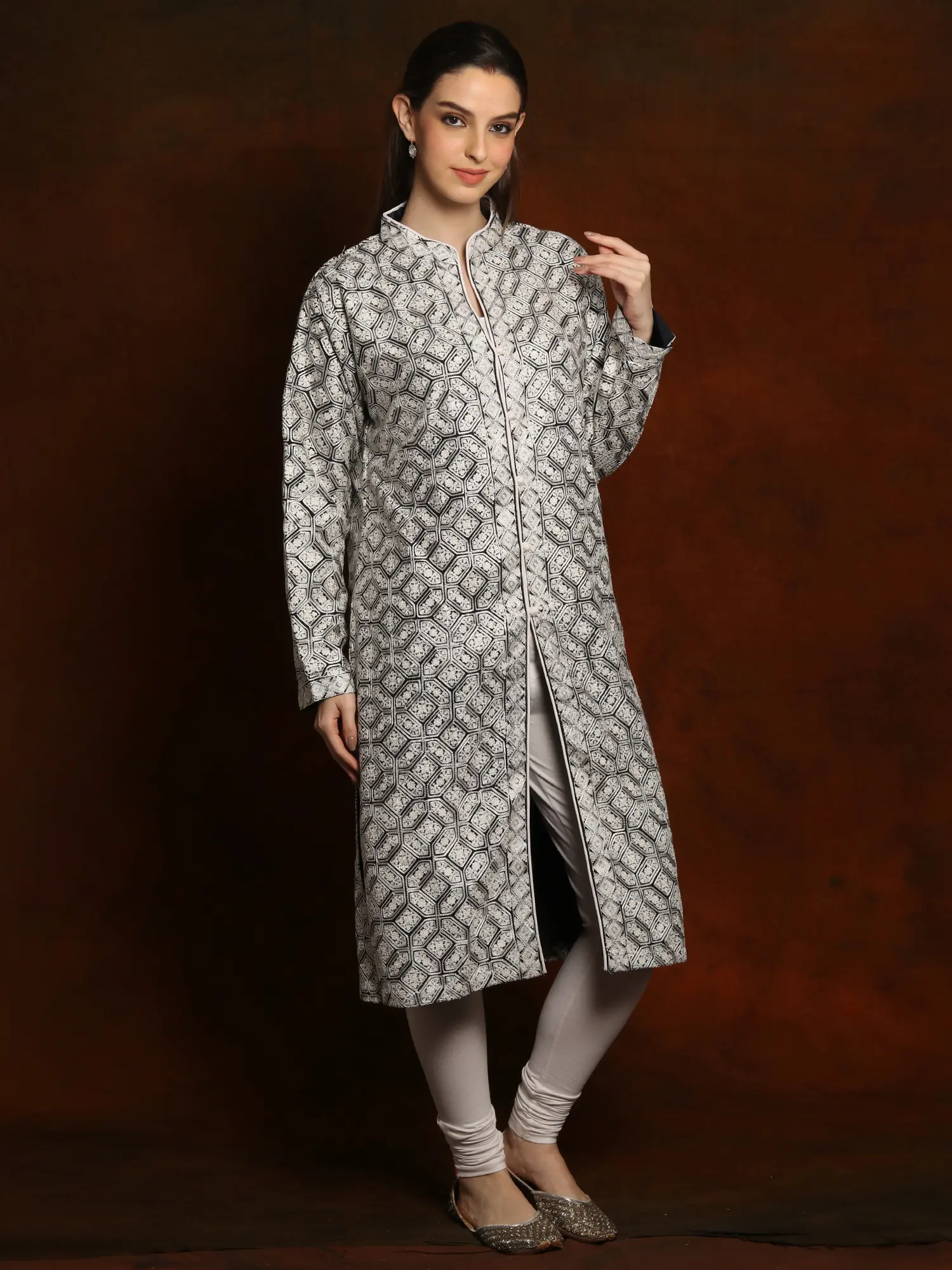 Woolen Charcoal Black with White Detailed Aari Embroidered Long Jacket from Kashmir, alternate view
