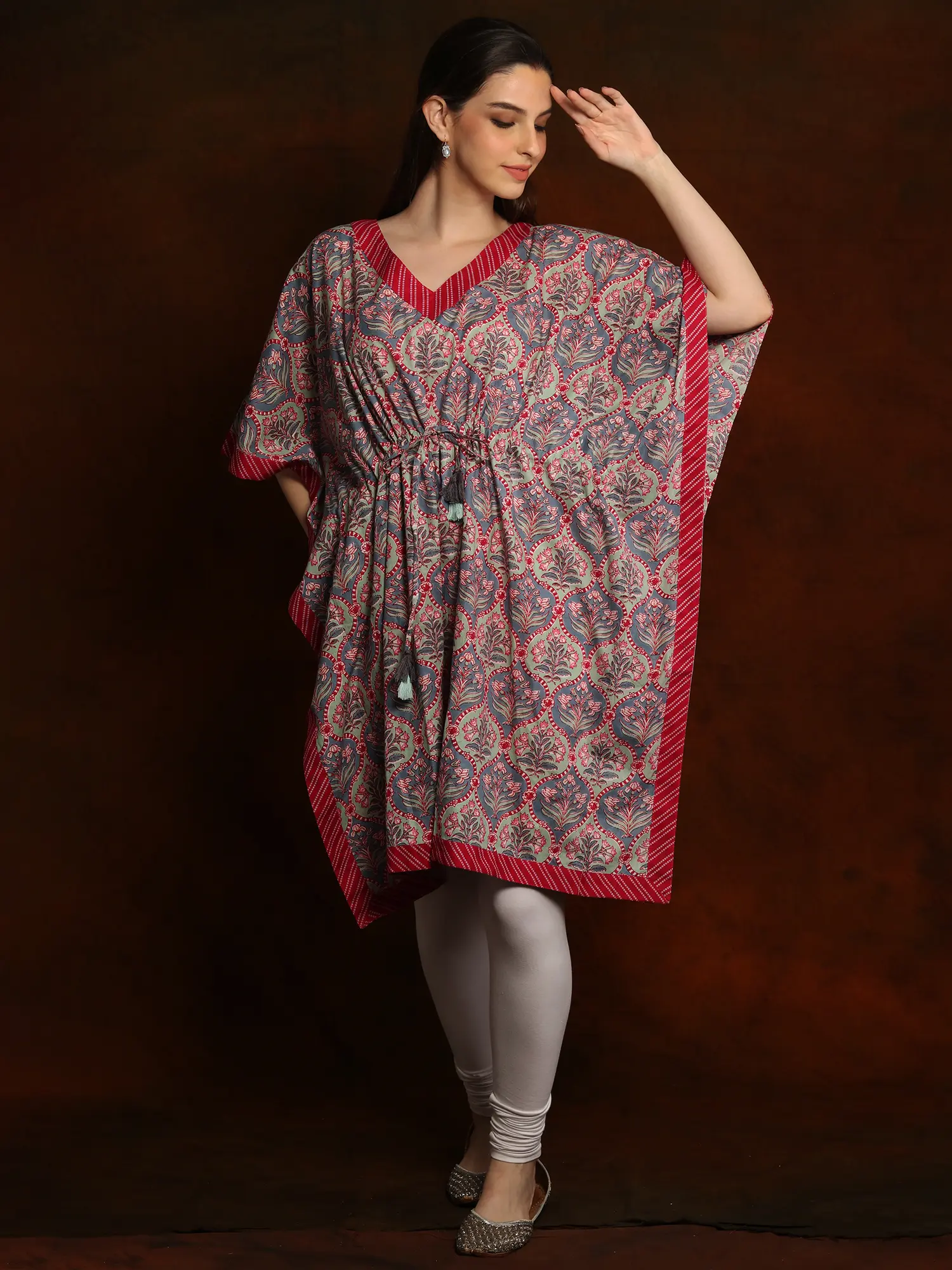 Pure Cotton Short Kaftan with Triangle Striped Neck