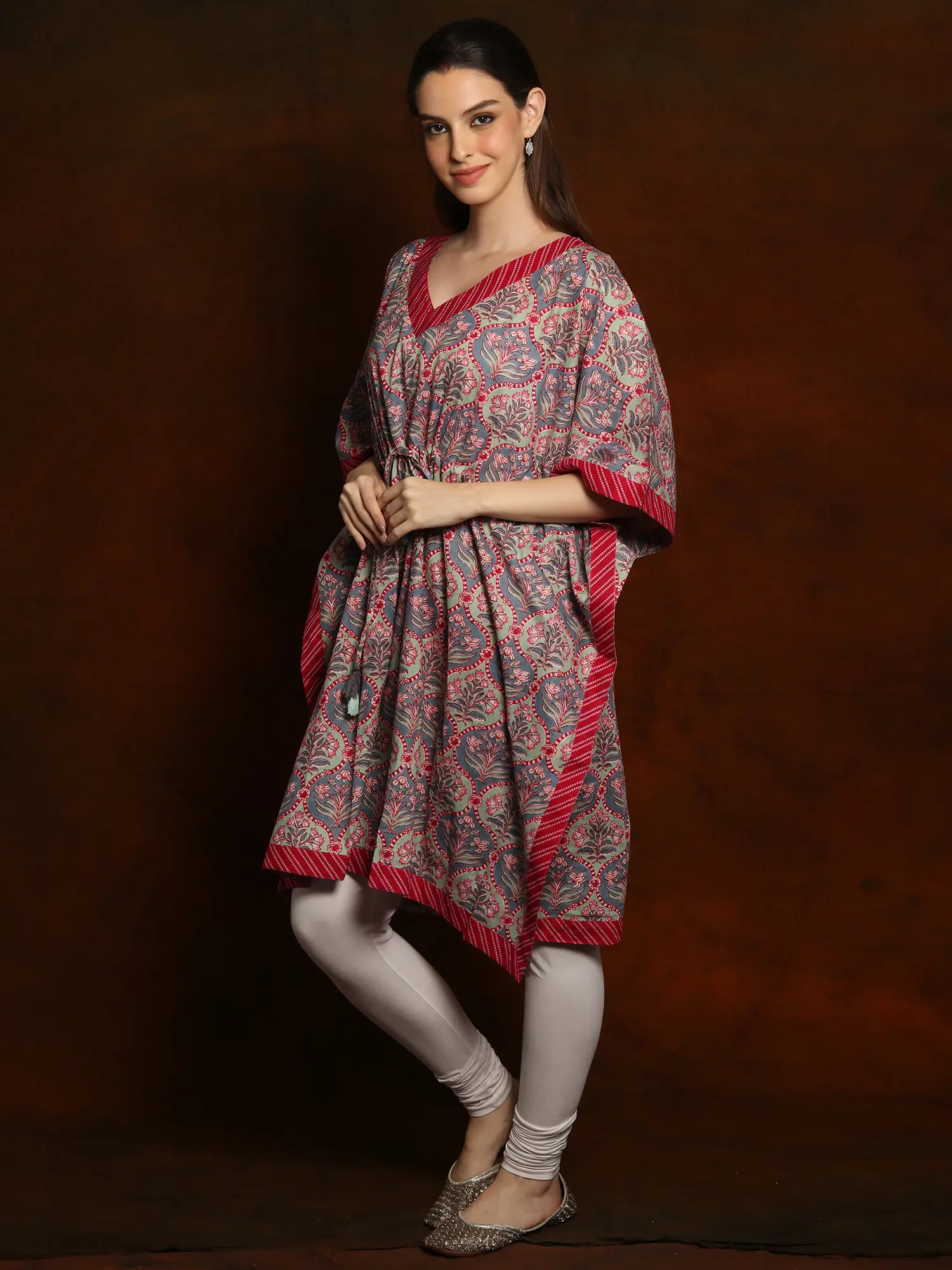 Pure Cotton Short Kaftan with Triangle Striped Neck, alternate view