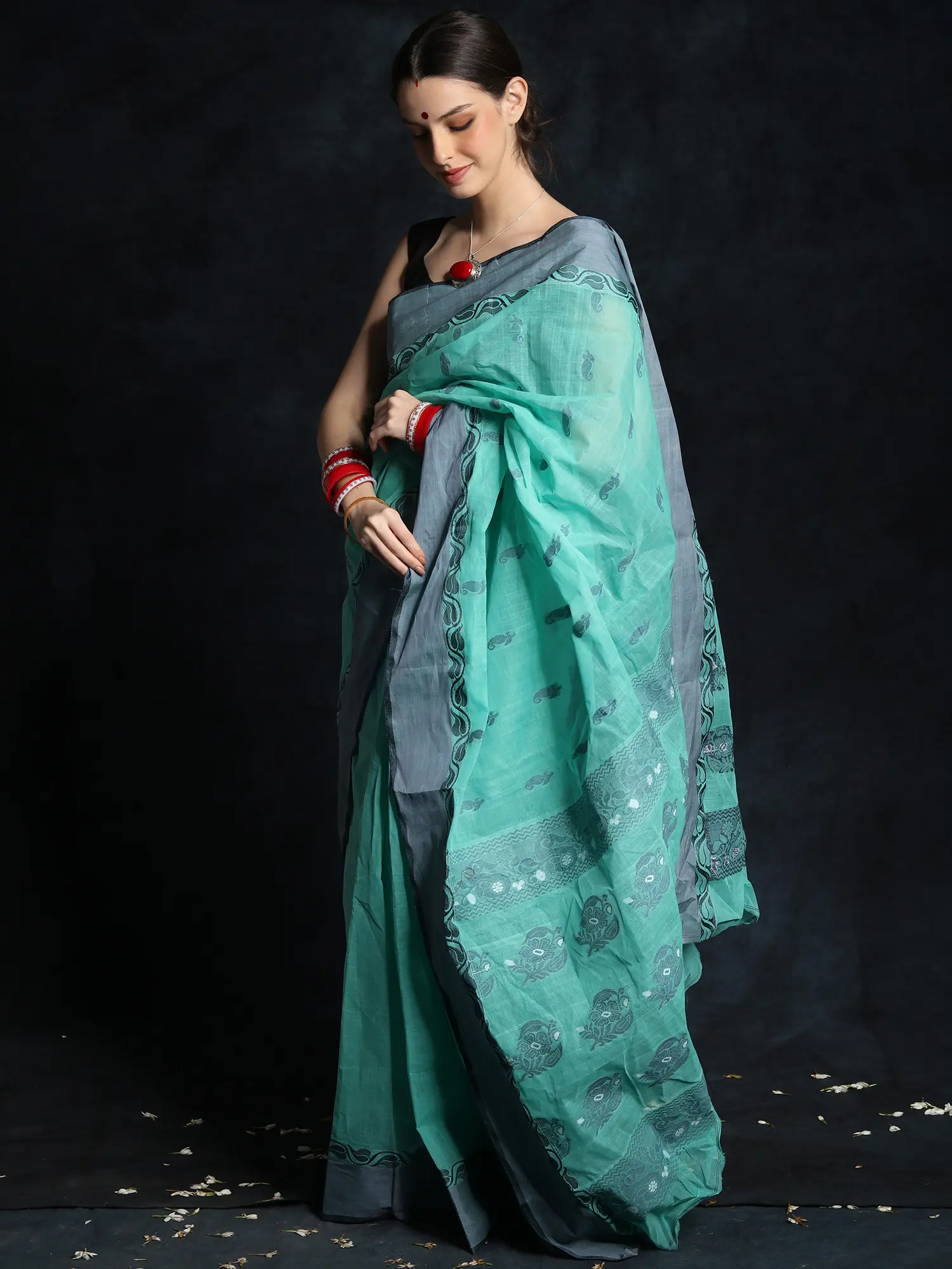 Turquoise Pure Cotton Tangail Saree and Grey Border from Bengal, alternate view