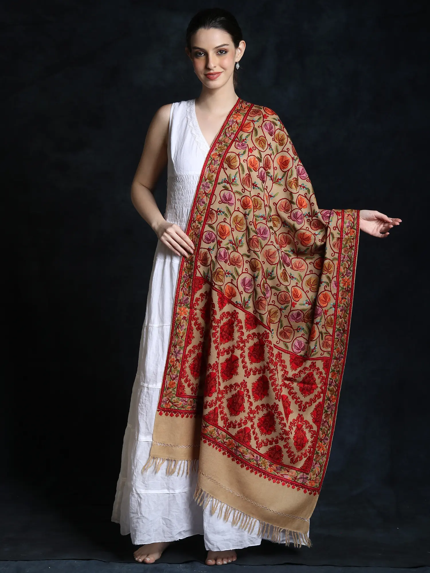 Woolen Detailed Multicolored Floral Jaal Pattern Fine Aari Embroidered Shawl from Kashmir