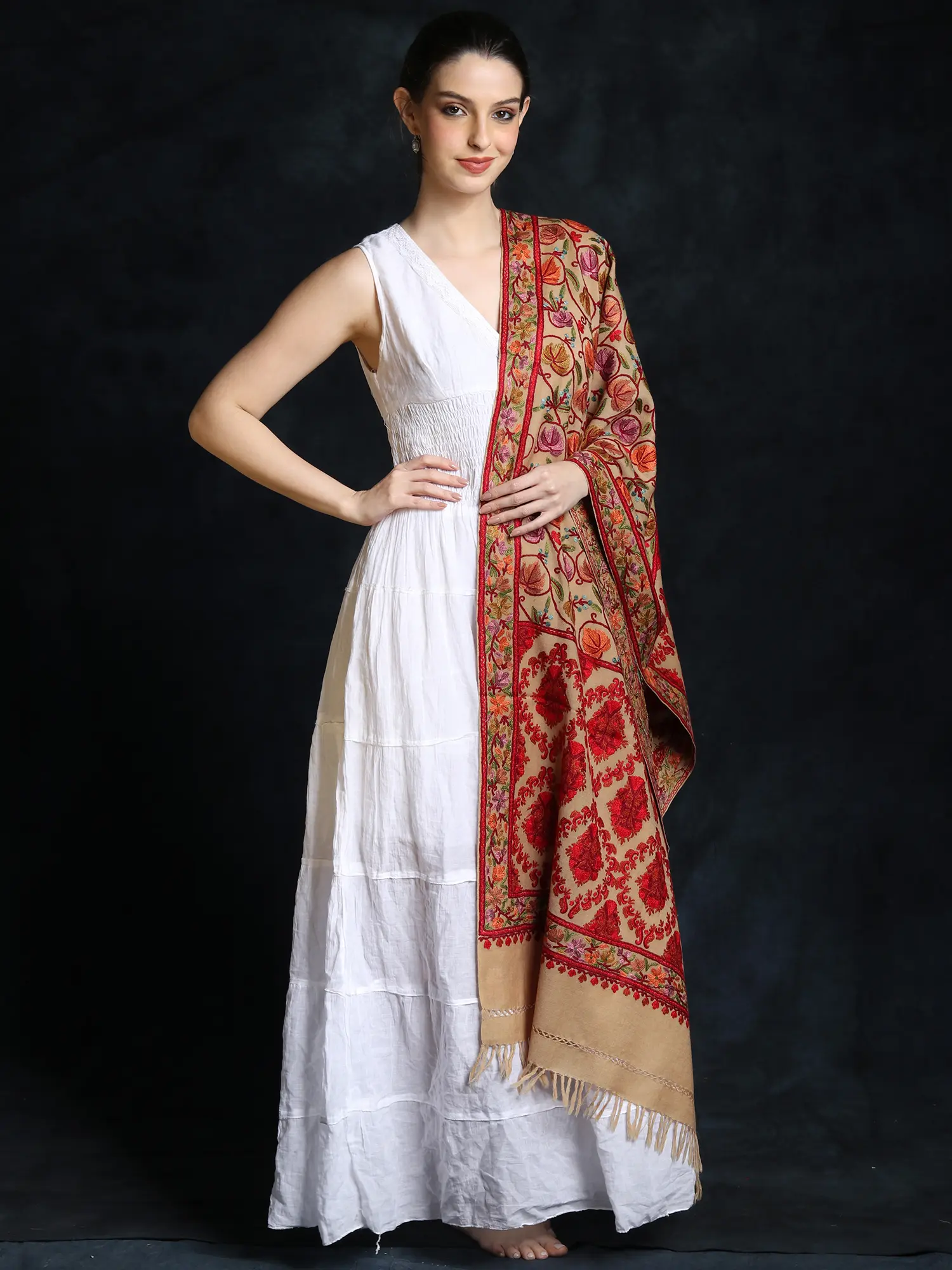 Woolen Detailed Multicolored Floral Jaal Pattern Fine Aari Embroidered Shawl from Kashmir, alternate view
