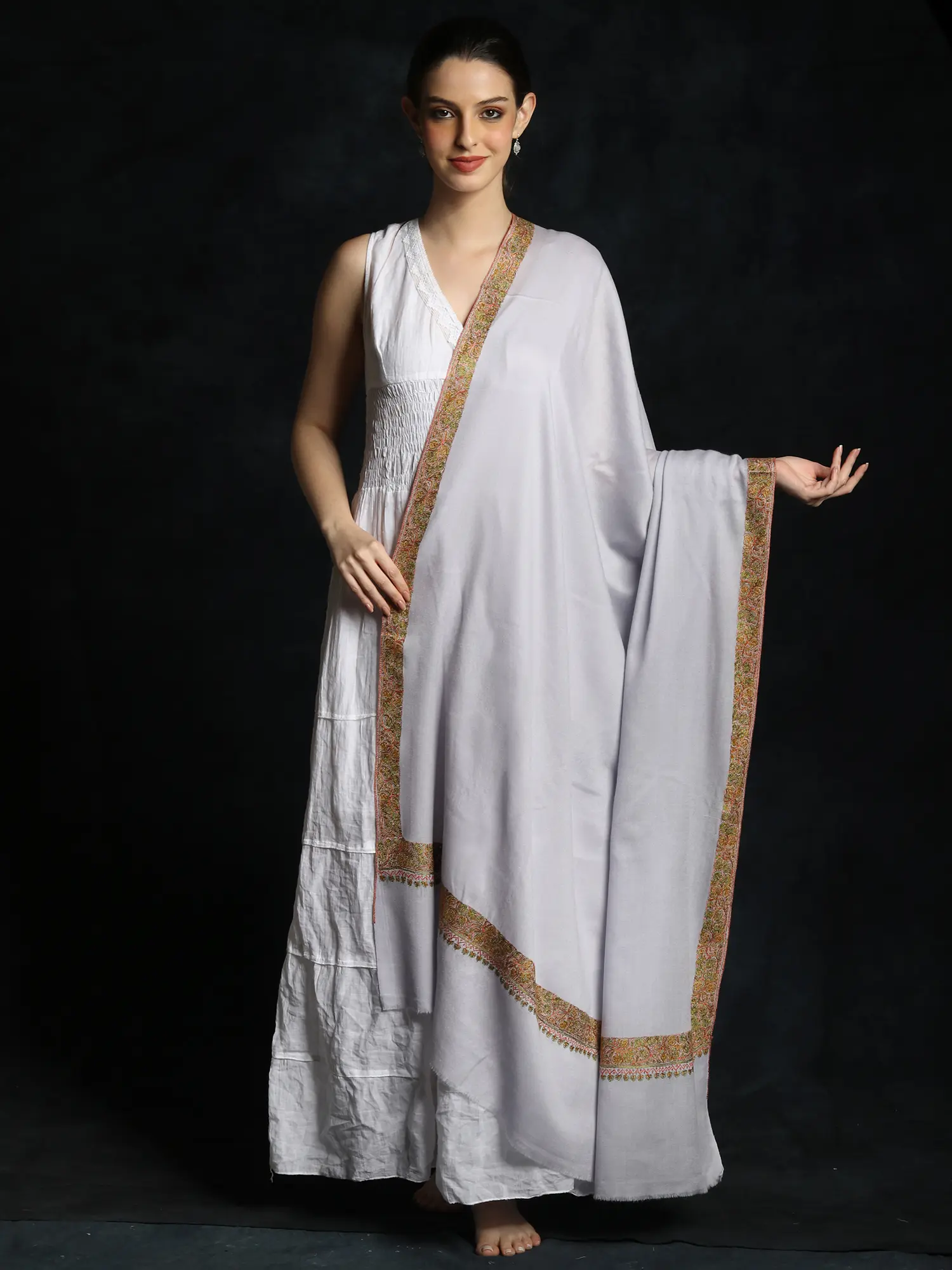 Lavender-Blue Woolen Sozni Border Shawl from Kashmir