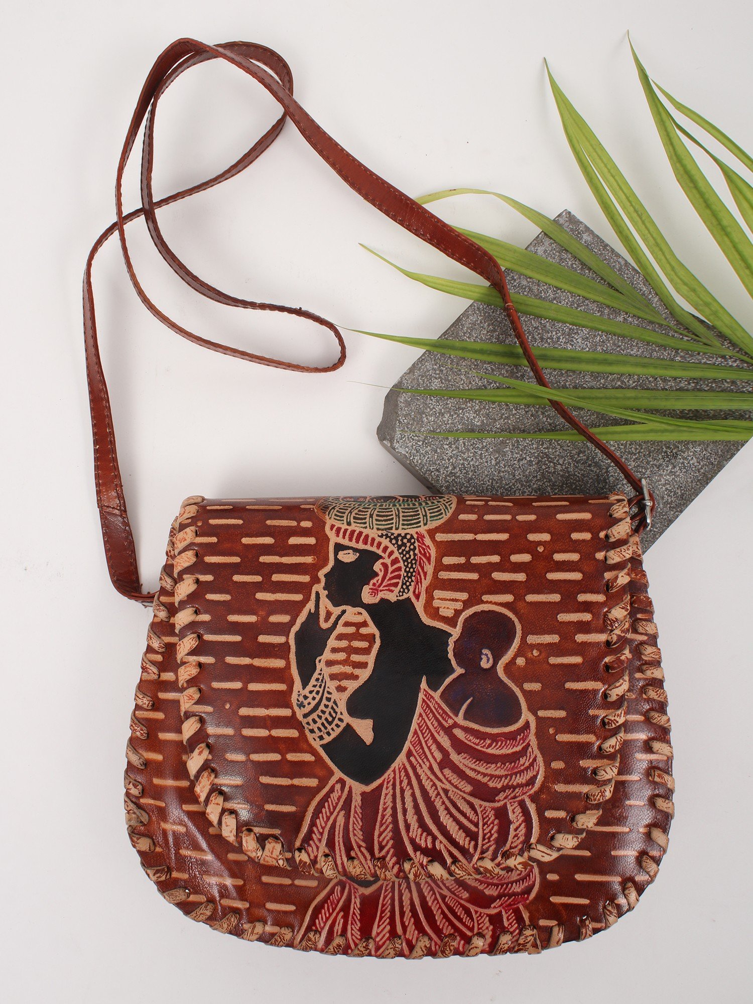 Hand Tooled Painted Women's Shantiniketan Leather Shoulder Bag (Multicolour)