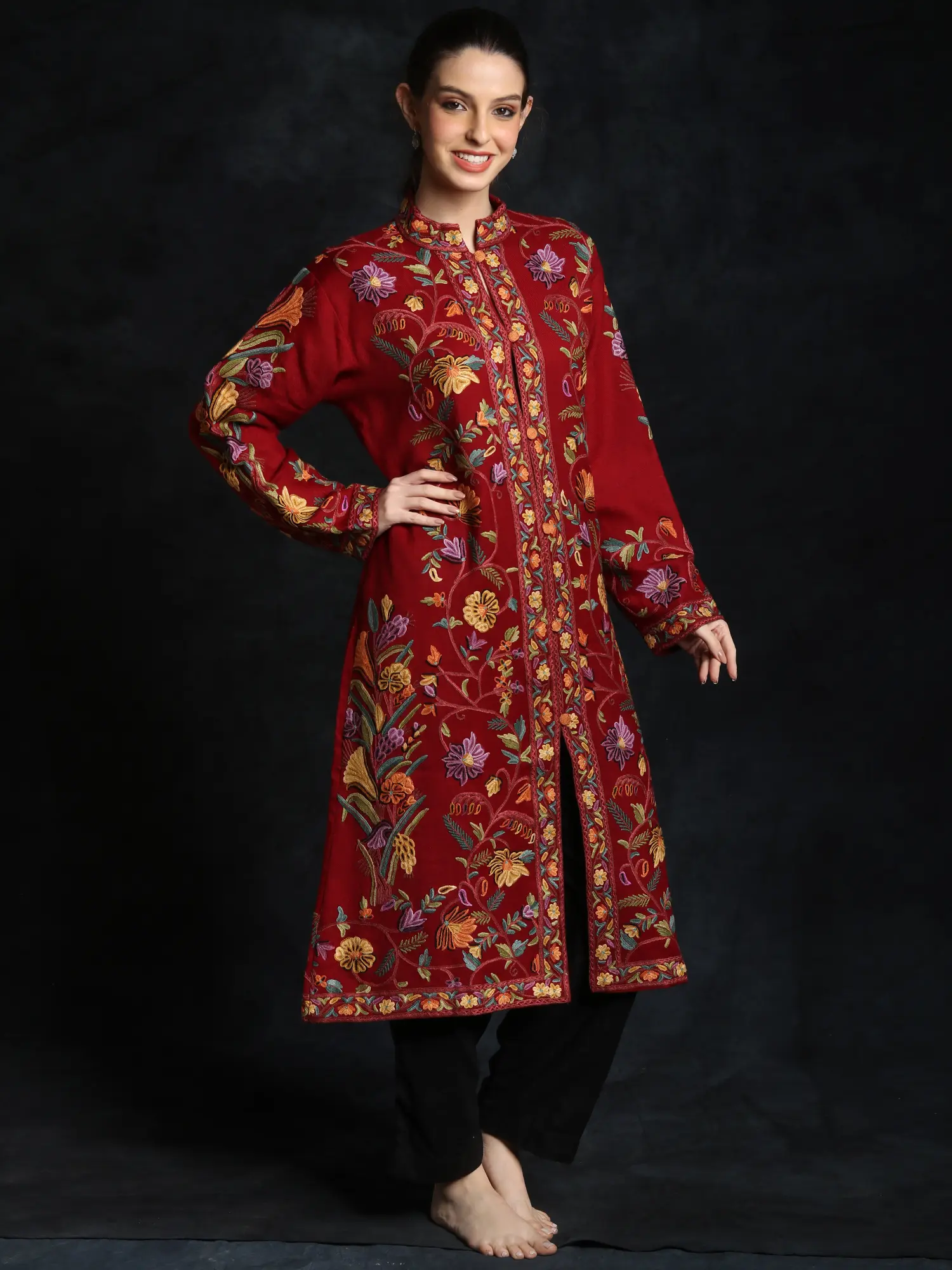 Rythmic-Red Pure Wool Long Jacket from Kashmir with Aari-Embroidery, alternate view