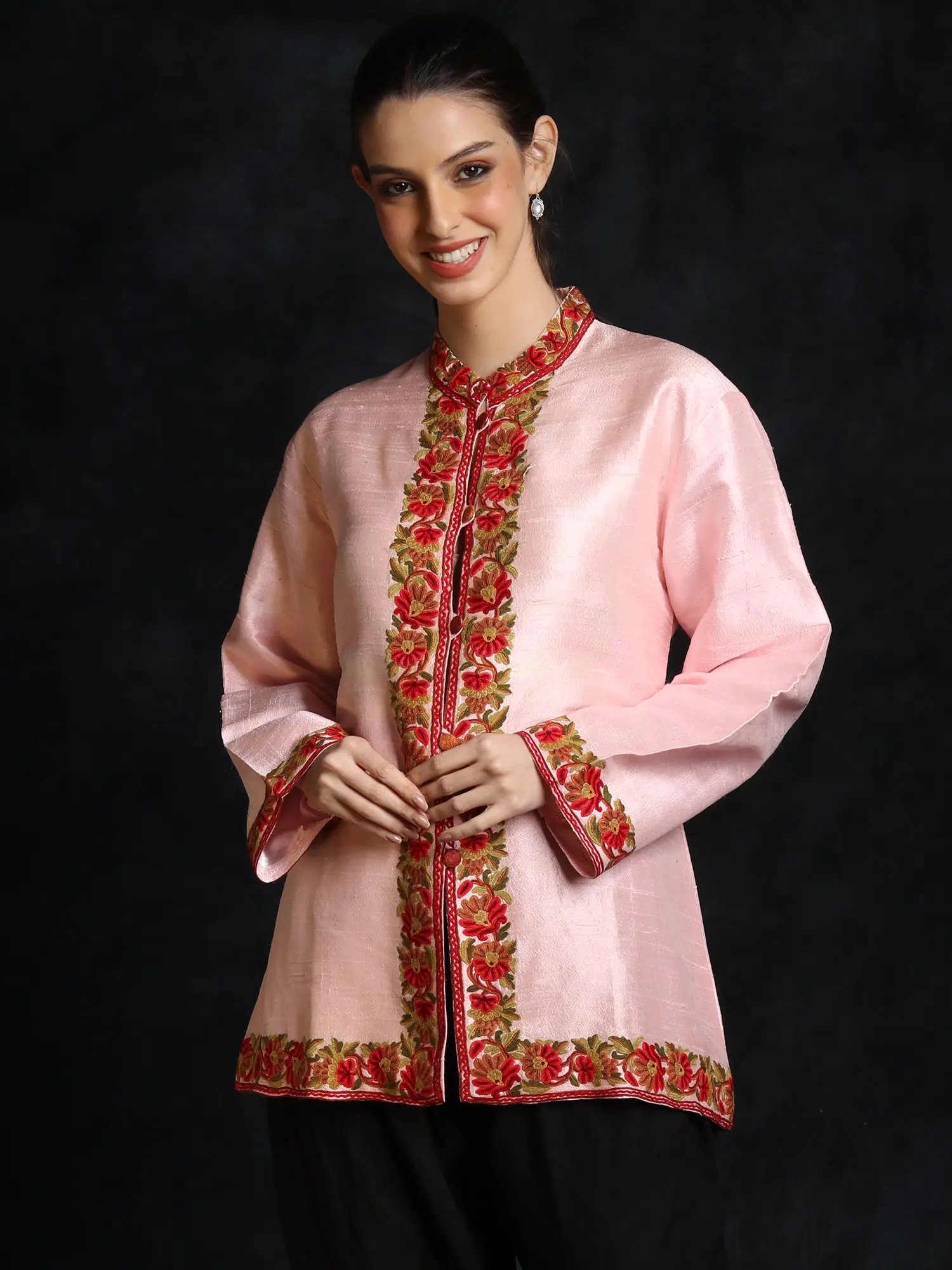 Pink-Salt Floral Pure Silk Short Jacket with Aari Embroidery by Hand