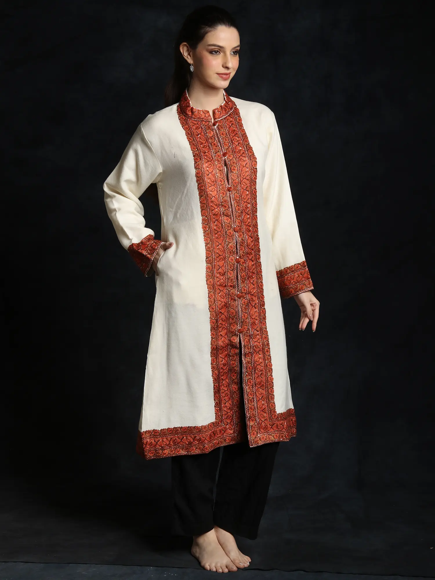Cannoli-Cream Plain Pure Wool Long Jacket From Kashmir with Aari Embroidery on Border, alternate view