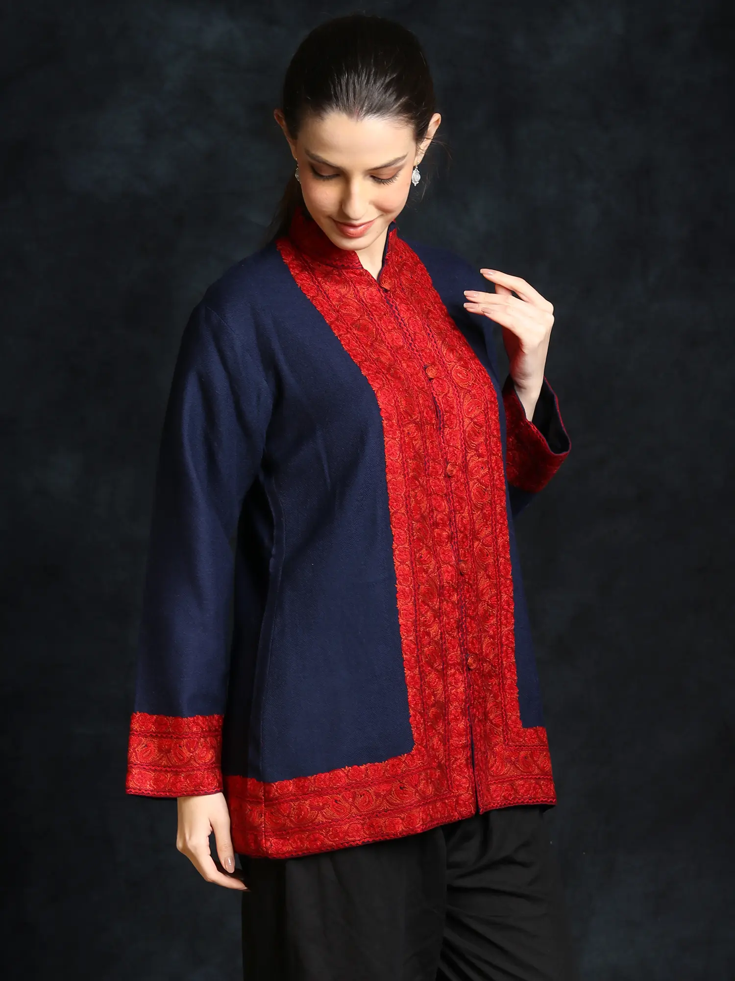 Estate-Blue Plain Kashmiri Pure Wool Short Jacket With Paisley Aari Embroidery by Hand, alternate view