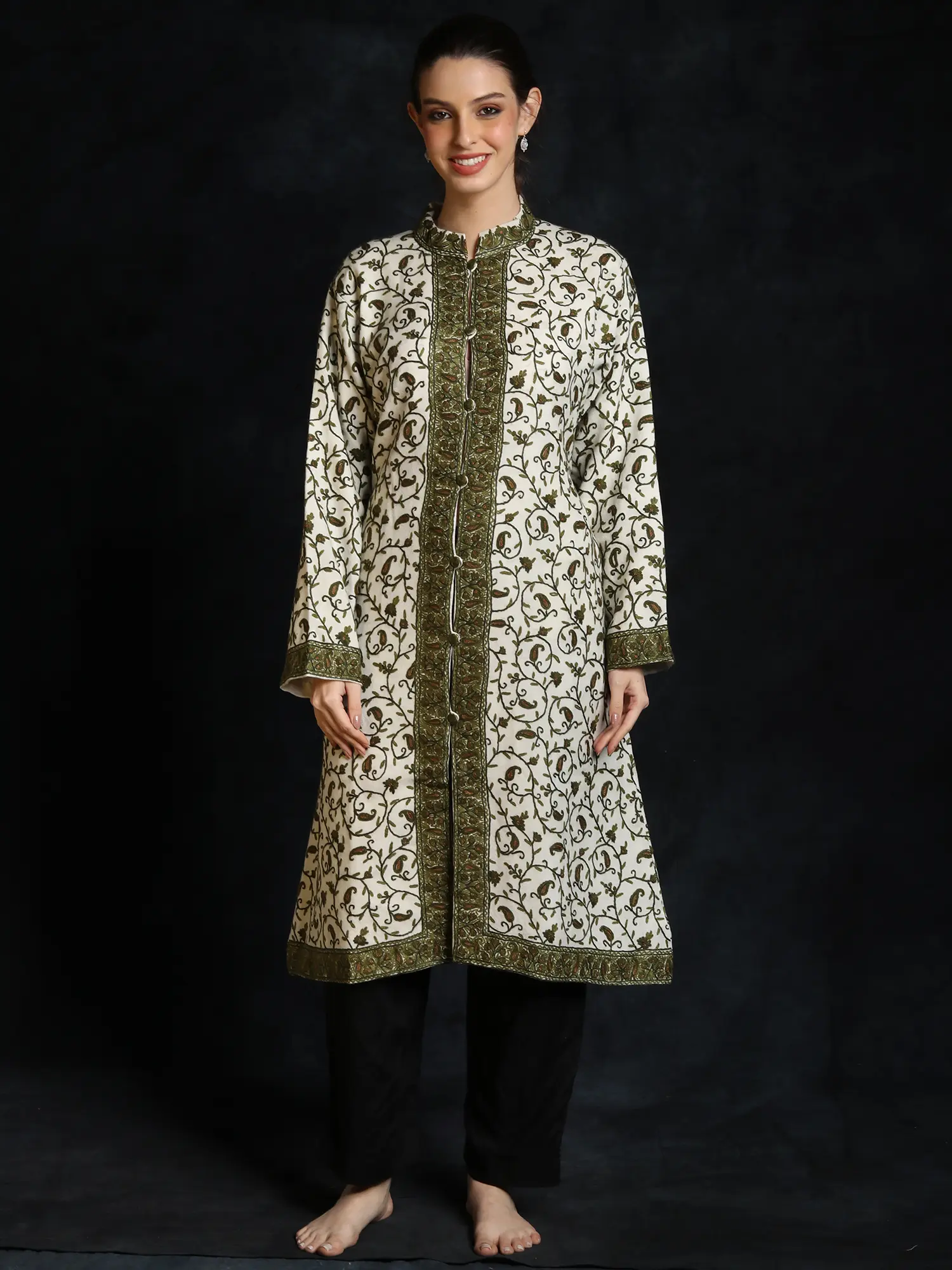 Lucent-White Paisley Jaal Pattern Hand Aari-Embroidered Pure Wool Long Jacket