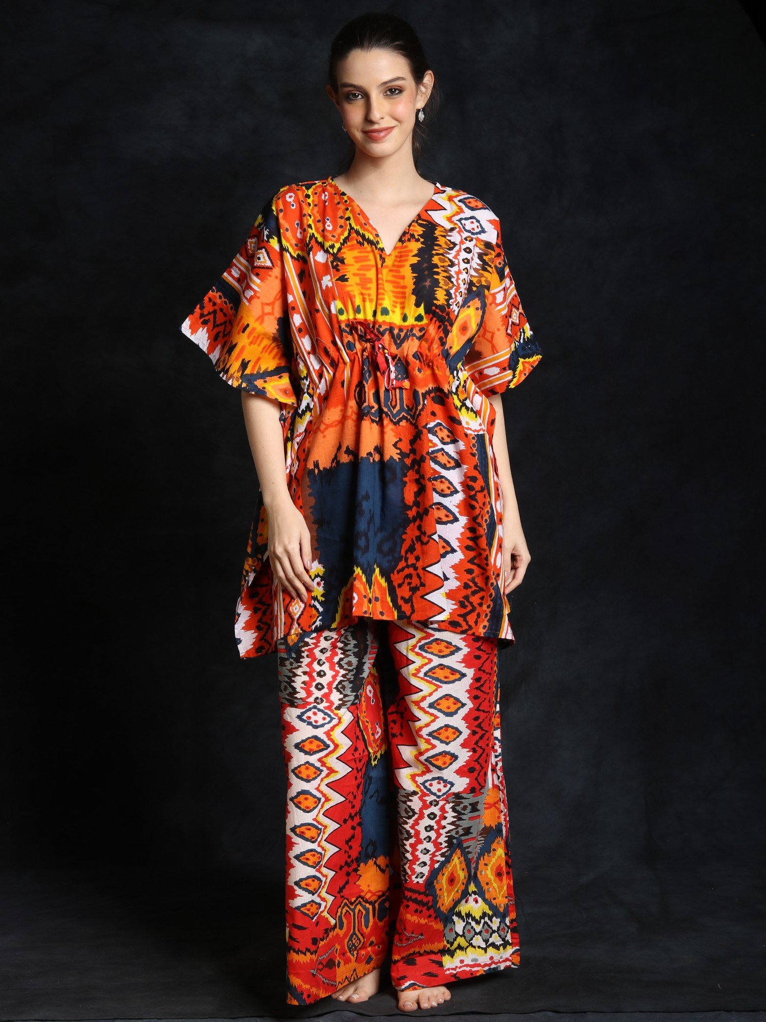 Mandarin-Orange Pure Cotton Kaftan Style Printed Co-Ord Set | Exotic ...