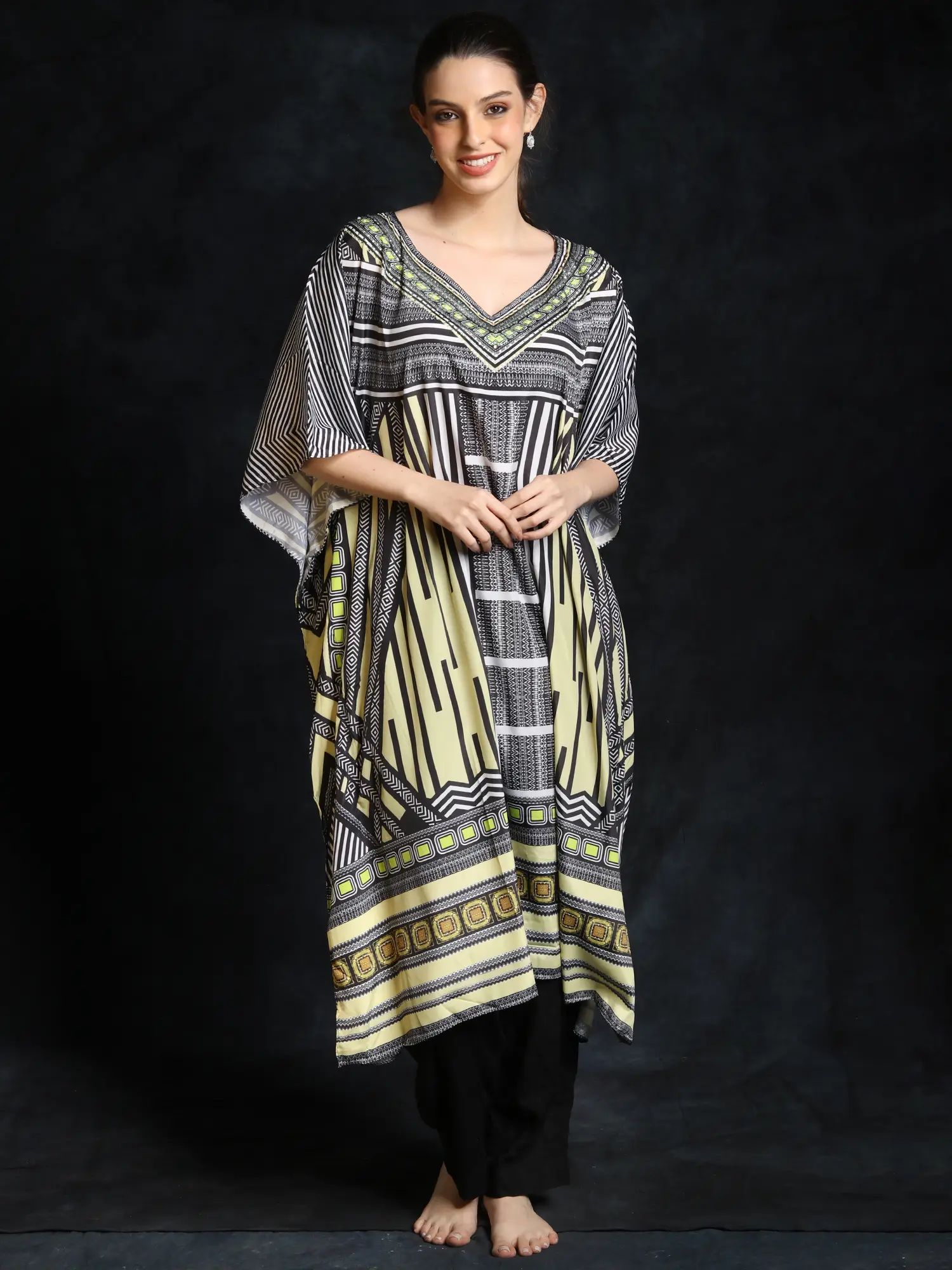 Garden-Glade Short Kaftan with African Print and Beadwork on Neck, alternate view