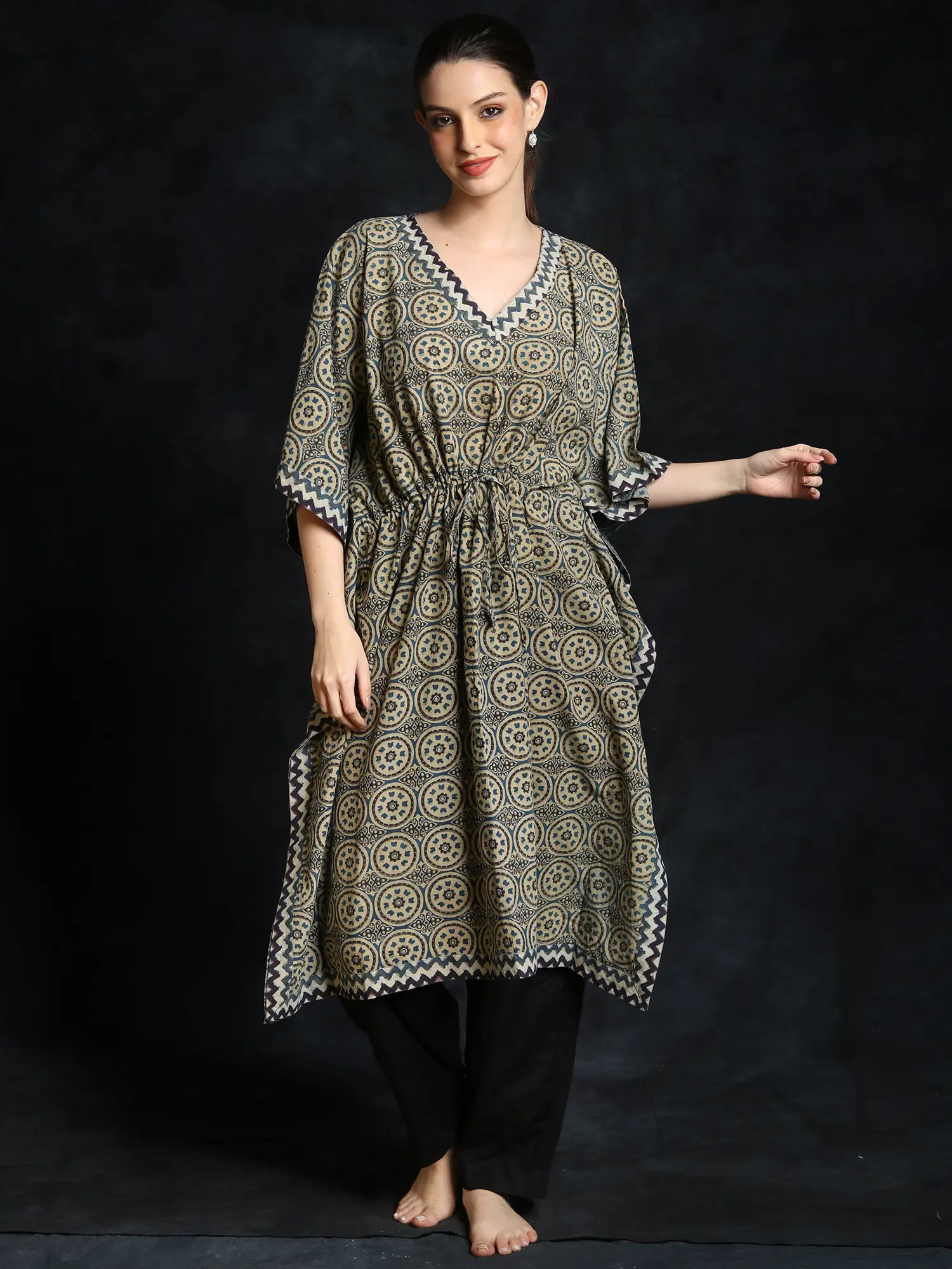 Aegean-Blue Cotton Chakra Pattern Printed Short Kaftan